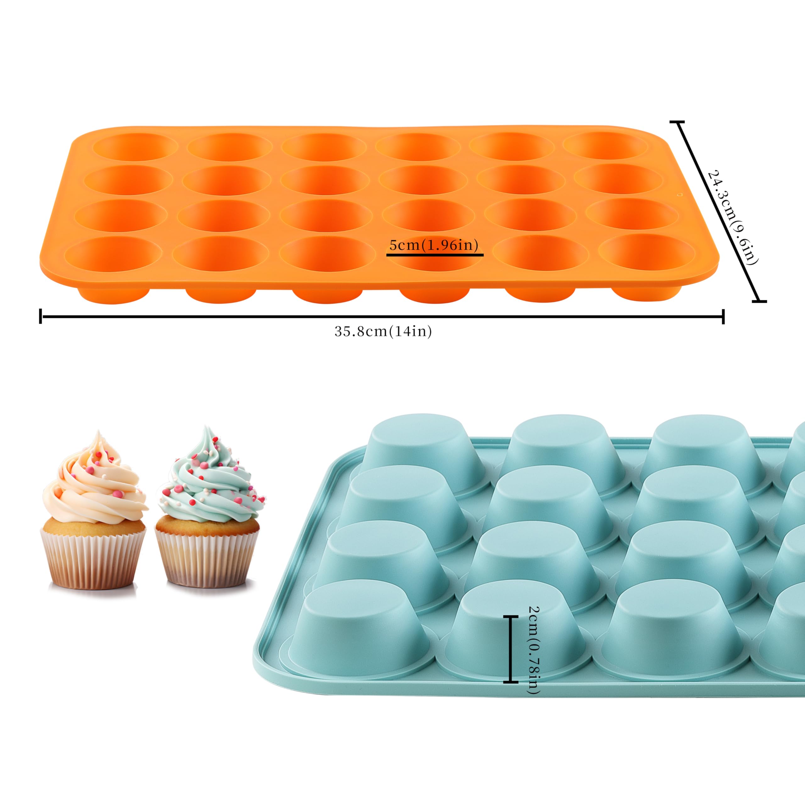 Little Cook - Juego de 2 moldes de silicona para magdalenas y magdalenas, antiadherente, sin BPA, apto para lavavajillas, perfecto para hacer magdalenas, pasteles, tartas (naranja + azul pavo real)