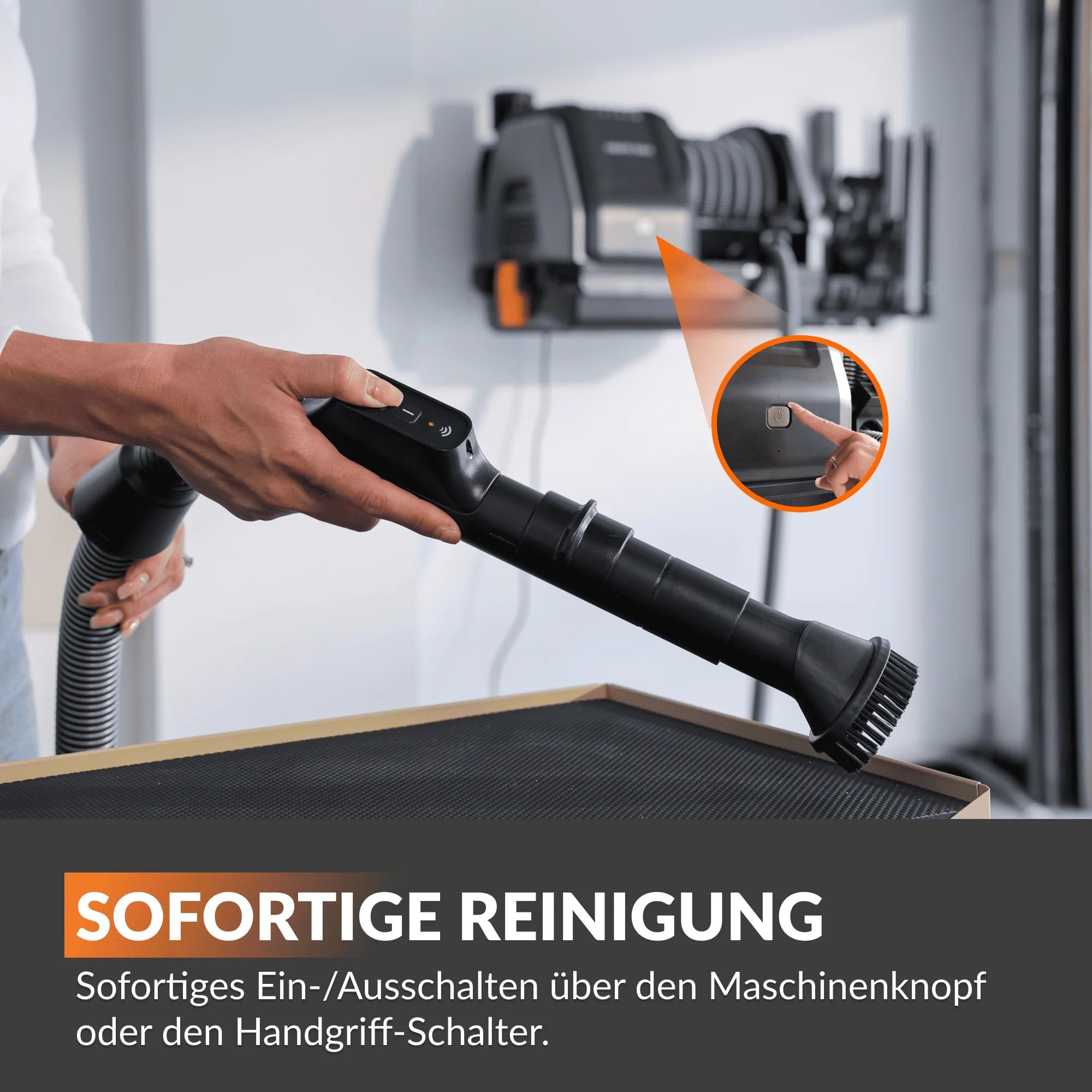 Giraffe Tools Grandstorm Einziehbarer Staubsauger mit 10 m langem, knickfestem Schlauch, wandmontierter Staubsauger mit 6 Düsen für die Garagenreinigung, Fernbedienung, Schwarz