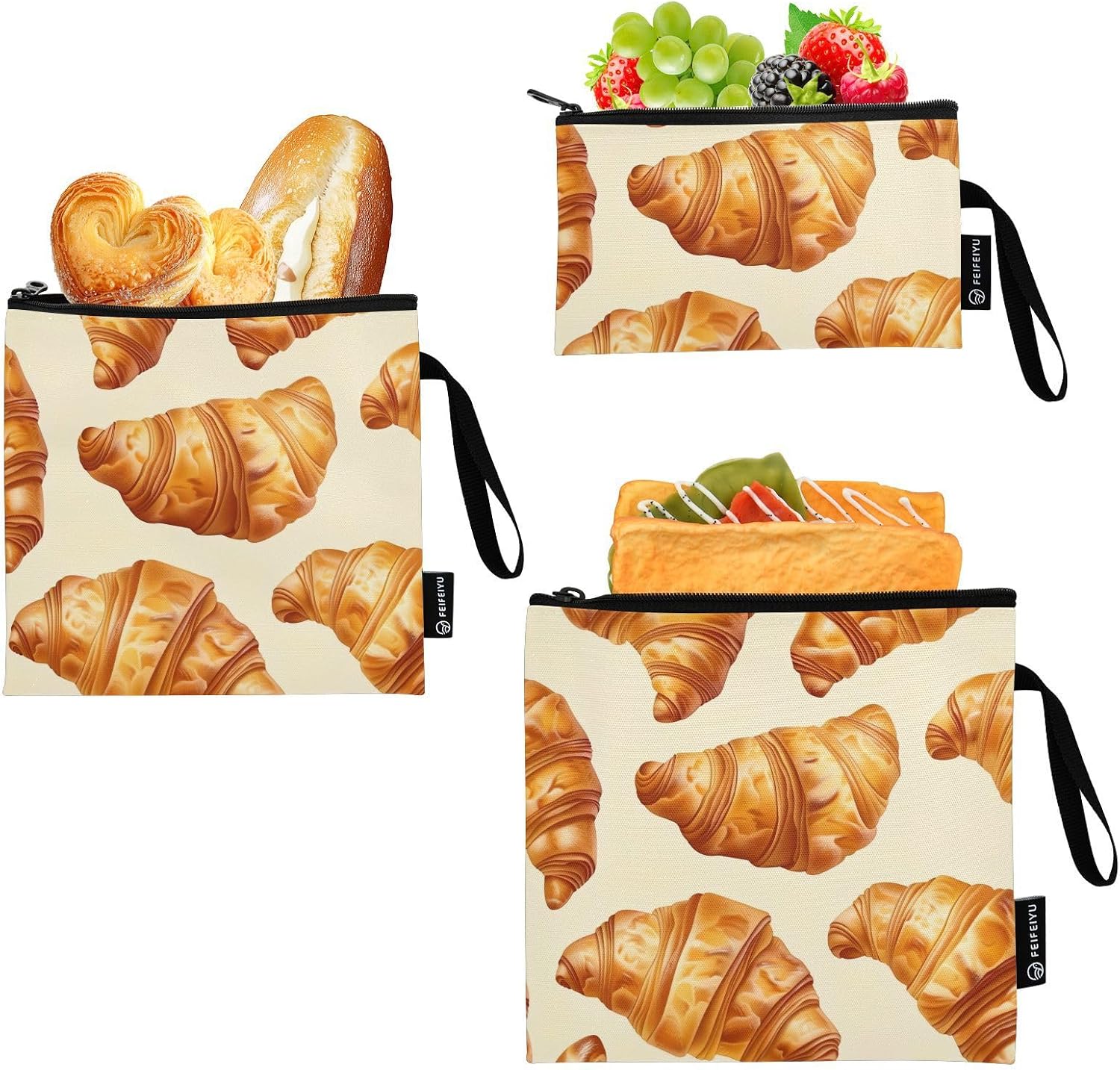 ODAWA 3 Pack Reusable Snack Bag Cute Bread Beige Reusable Freezer Bags, Snack Pouch for Travel