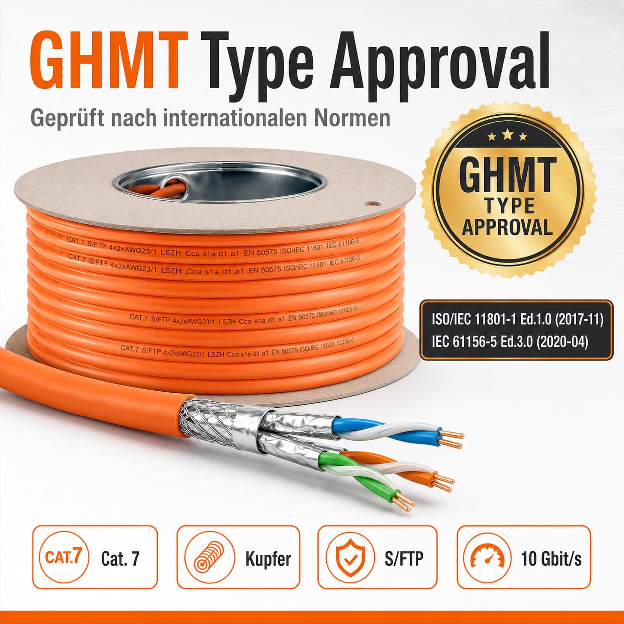 1aTTack.de Câble d'installation CAT 7 Câble réseau GHMT Câble d'installation LAN CAT.7 sans halogène Câble CAT7 Câblage réseau Câble de données Gigabit cuivre Ethernet 100m