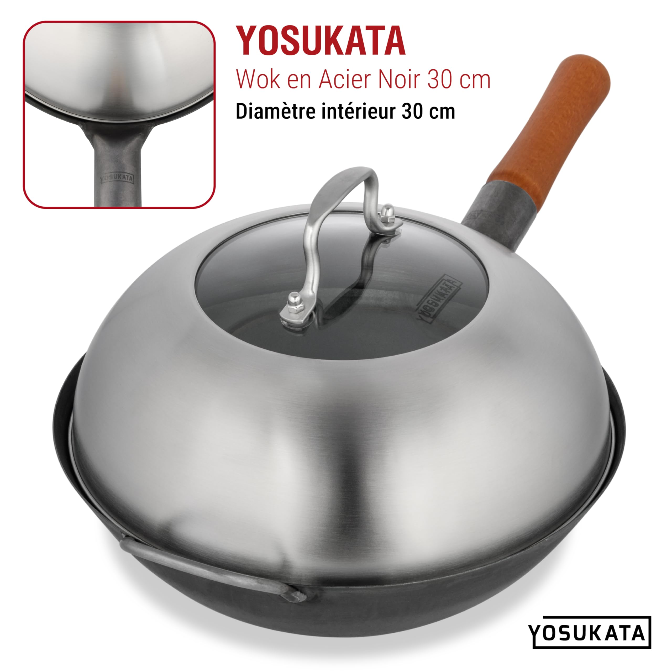 YOSUKATA Couvercle de Poêle Wok en Acier 29 cm Pour Wok de 30 cm - Сloche Plancha Avec Verre Trempé, Trous de Vapeur et Poignée Ergonomique - Cloche à Barbecue et Burger – Accessoires de Сuisin