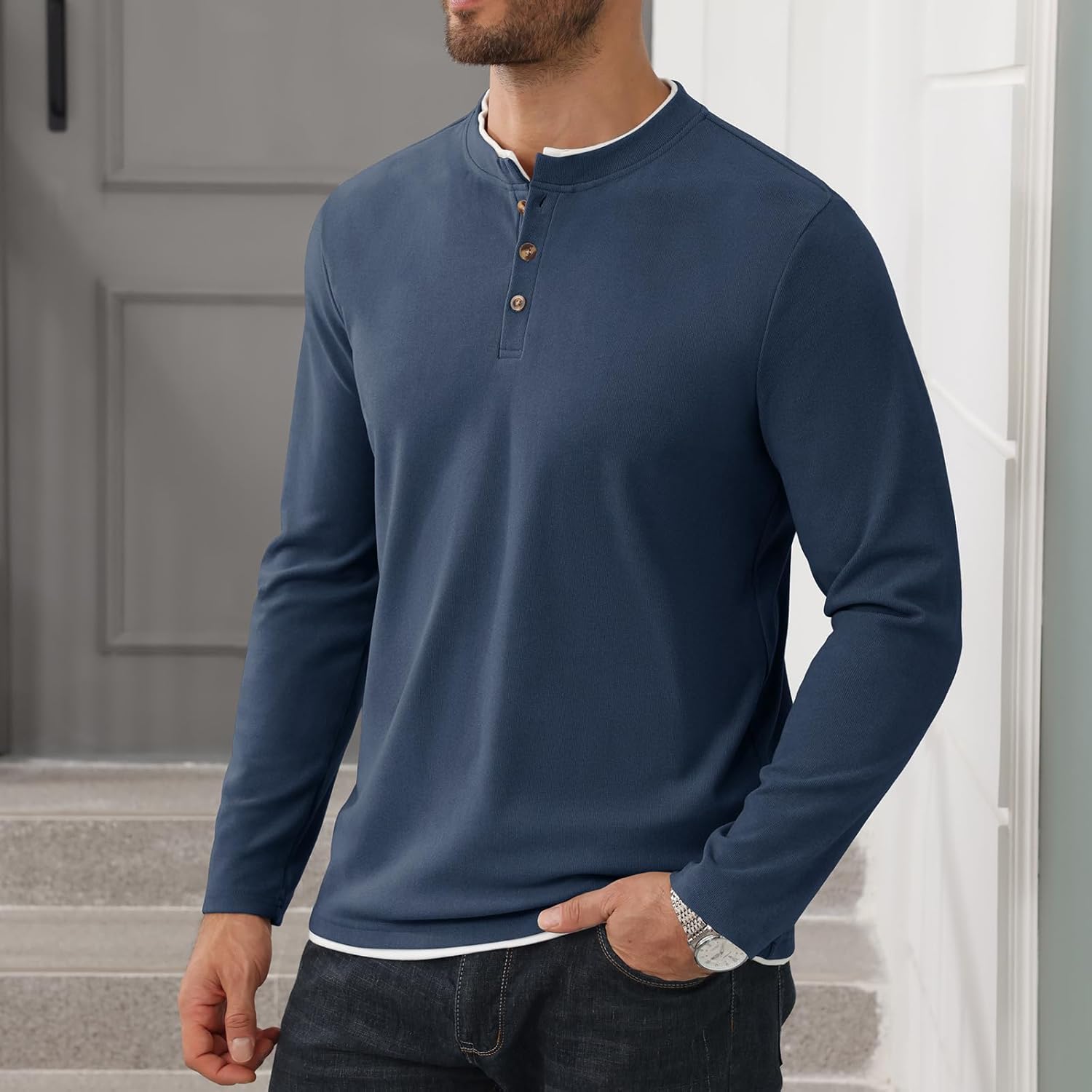Uni Clau Men's Henley Shirts Classic Button T-Shirt Long Sleeve Casual Thermal Pullover Shirt - Image 3