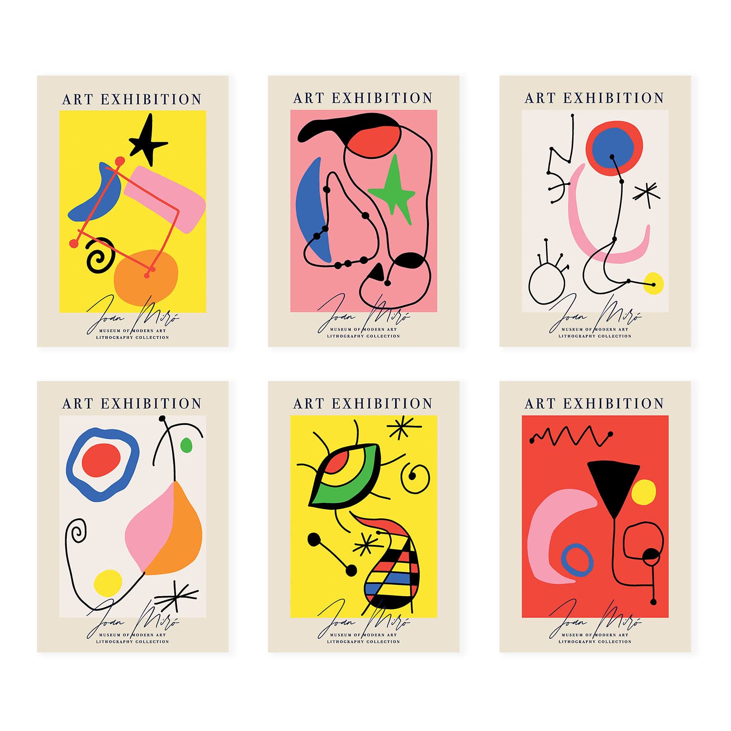 Nacnic Joan Miro 02 Set Of 6 Joan Miró Artistic Illustrations. Collection Of Decorative Paintings In The Art Gallery Style Of The Famous Artist. Prints For Interior Design And Decoration. A3.