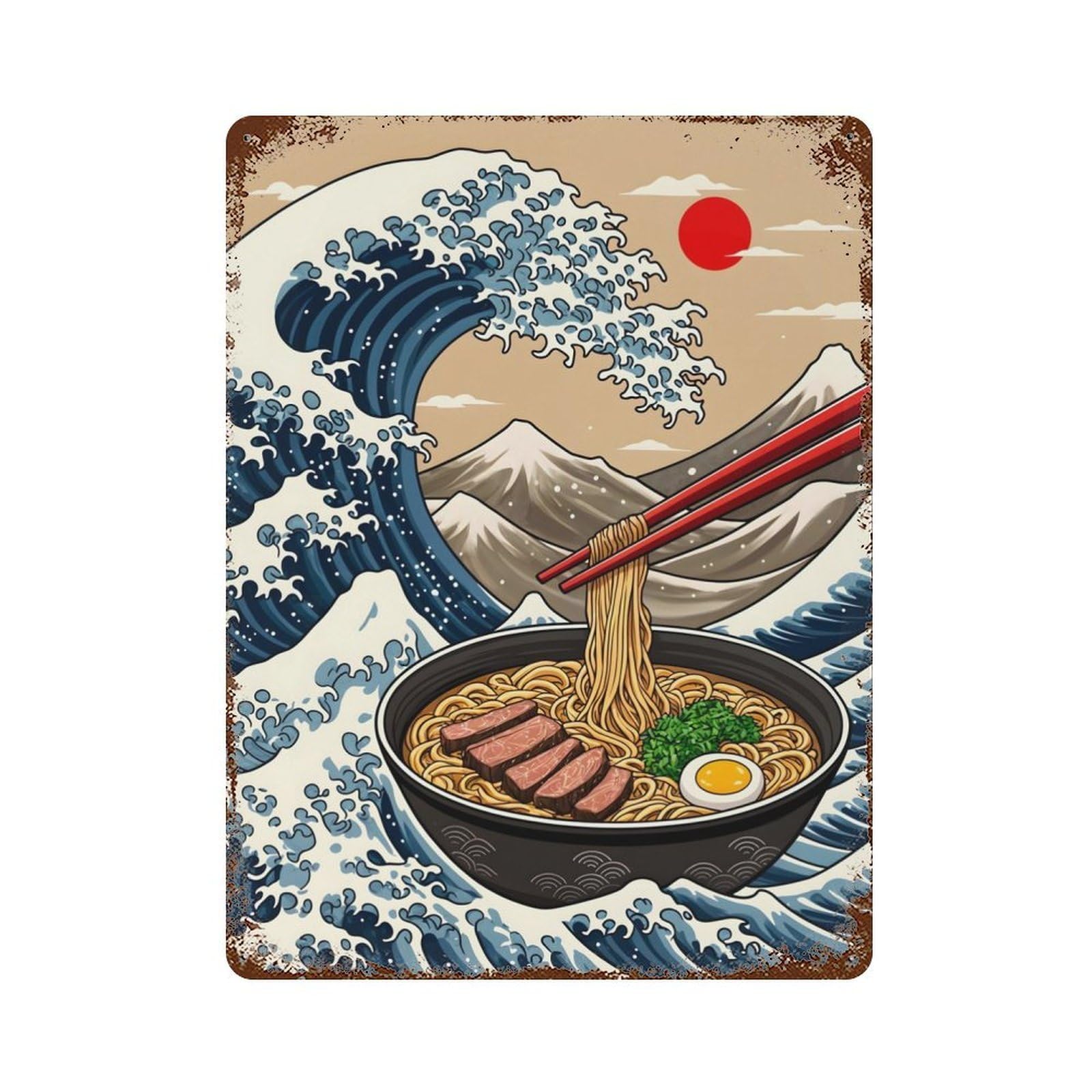 Ramen Great Wave Vintage Wall Sign 15.7"x11.8", Rust Effect Metal Decor for Cafe, Home Bar And Lounge Decor
