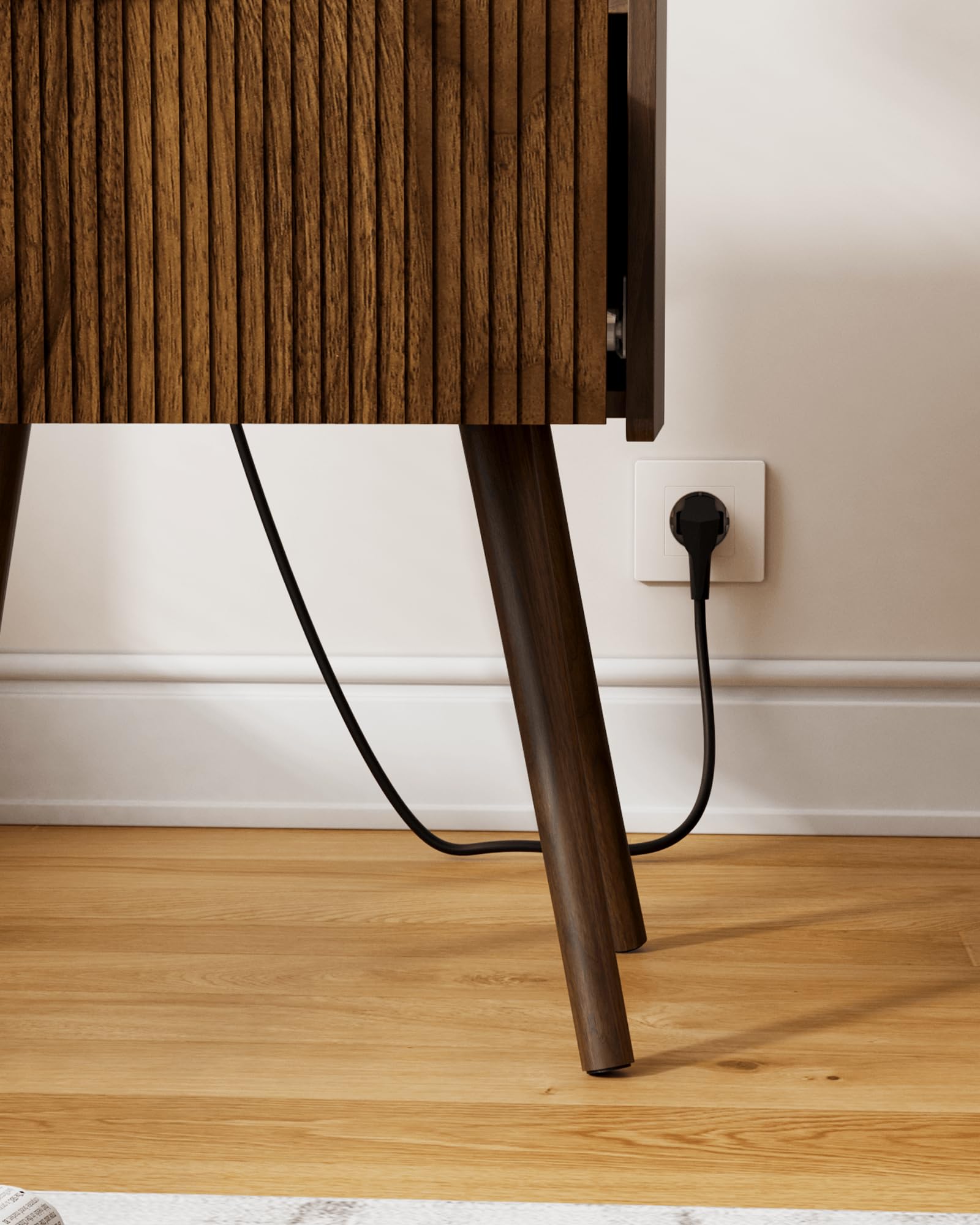 Nachttisch, Moderner Betttische mit Aufbewahrungsschublade und offener Holzablage, für Wohnzimmer, Schlafzimmer und kleine Räume, Akzent-Nachttisch mit Massivholzbeinen, einfache Montage (Nussbaum)
