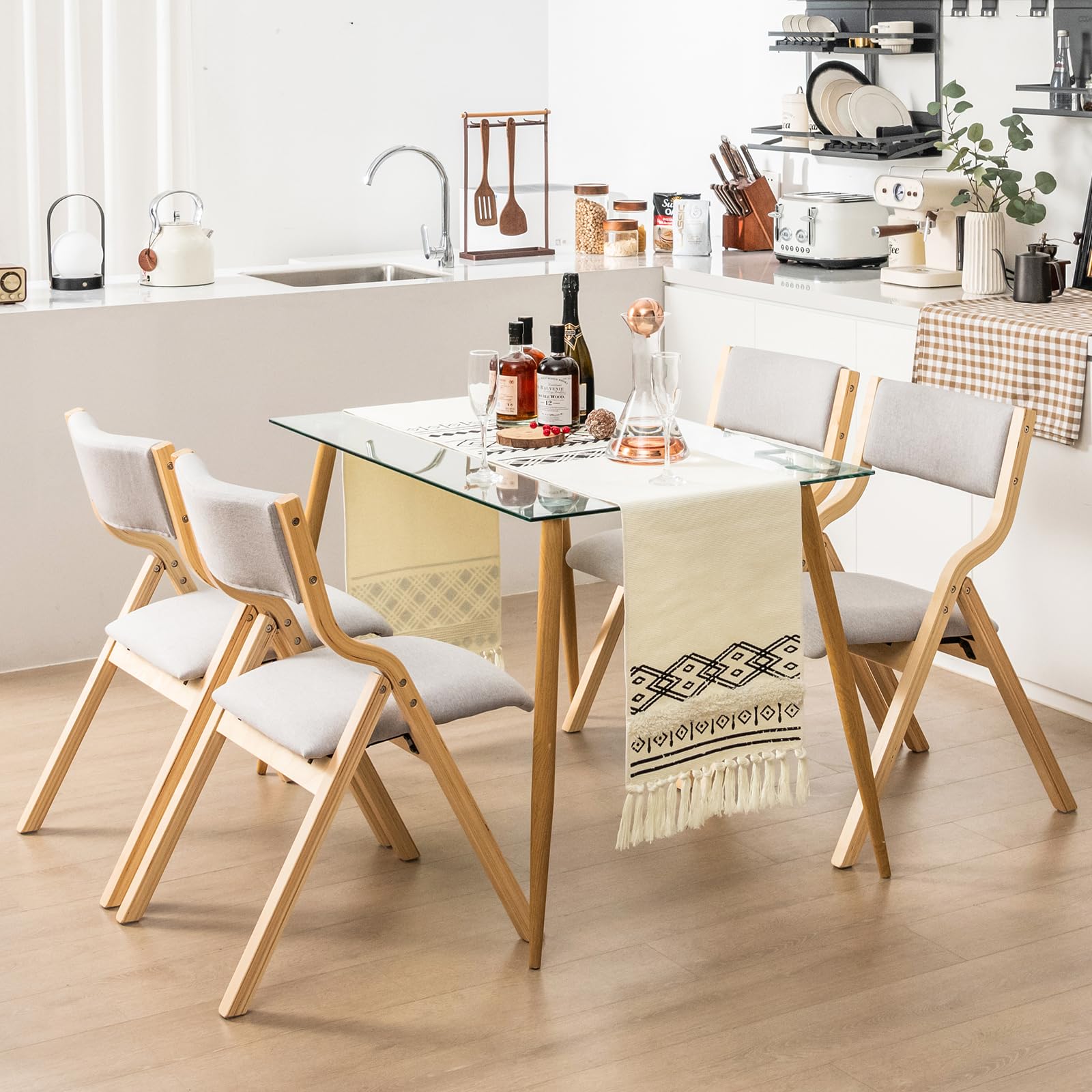 COSTWAY Set di 2 Sedie da Pranzo Pieghevoli, Sedie Imbottite con Telaio in Legno Massello e Sedile Imbottito in Tessuto di Lino, Aspetto Moderno Senza Braccioli per Cucina e Soggiorno (Naturale)