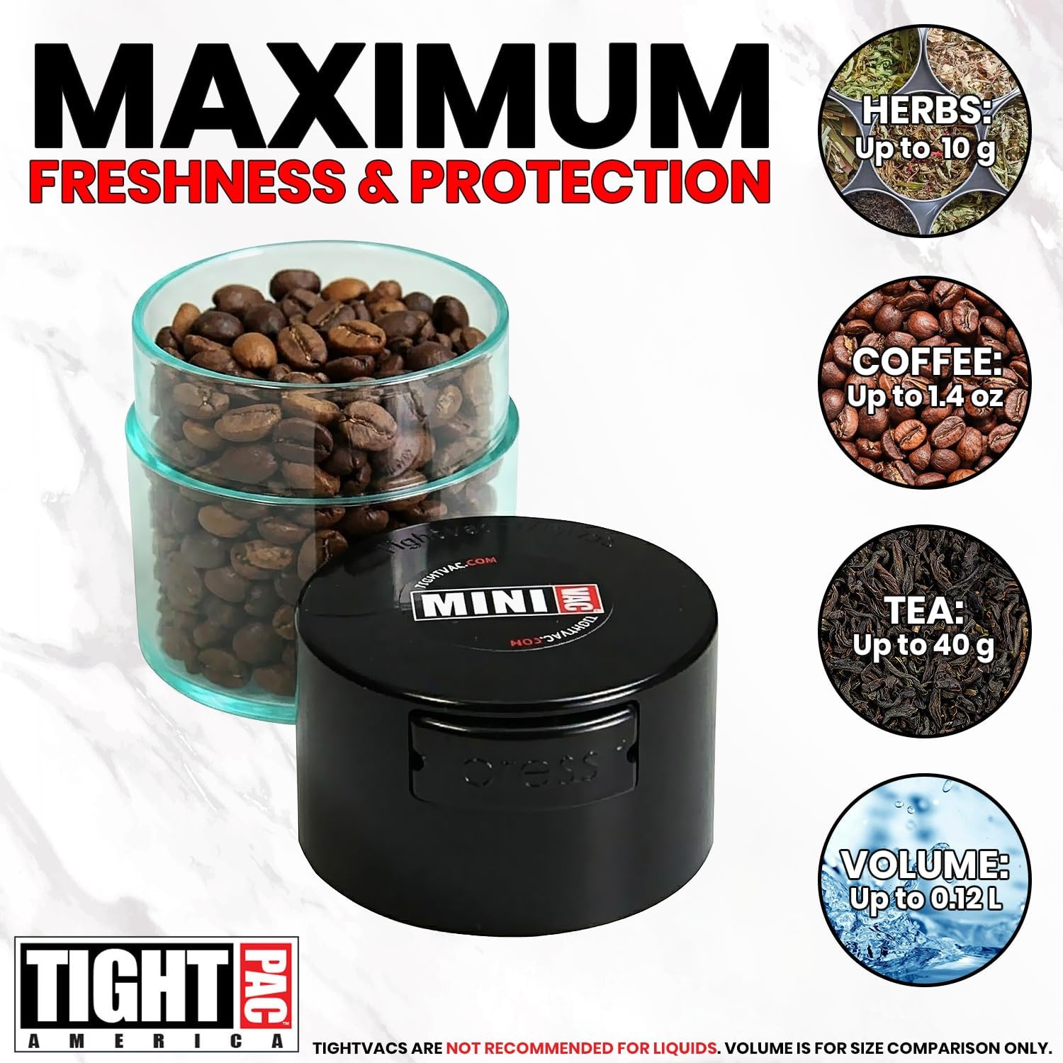 TIGHTPAC MINIVAC Portable Vacuum Seal Airtight Container – Keeps Coffee Beans, Grounds, Tea, Spices & Herbs Fresh Longer – Travel-Ready, NSF-Certified Food-Grade Storage, 10 to 30 Grams, Black/Clear