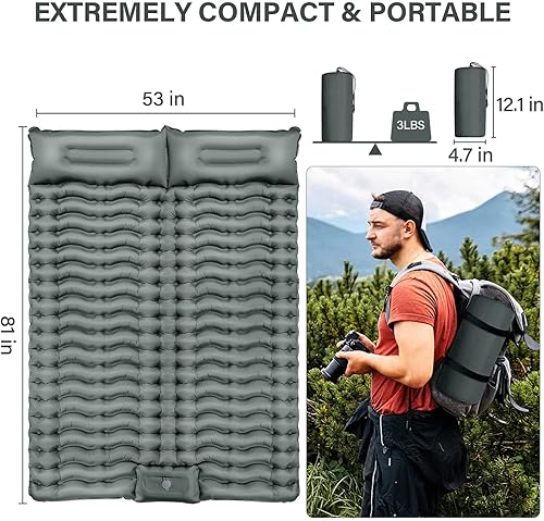 Miniatura 2 de Colchoneta de dormir doble para campamento, diseño ultra grueso de 4 pulgadas, colchoneta inflable ligera para 2 personas con almohada para