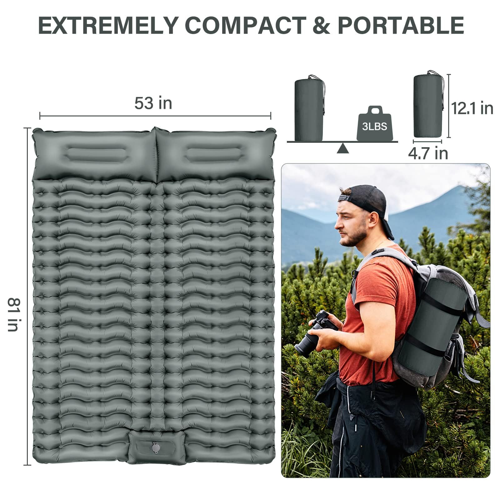 Yuzonc Almohadilla de dormir doble para camping, almohadilla inflable para camping, prensa de pies, ultraligera, para 2 personas, con almohada para camping, senderismo, viajes, tienda de campaña,