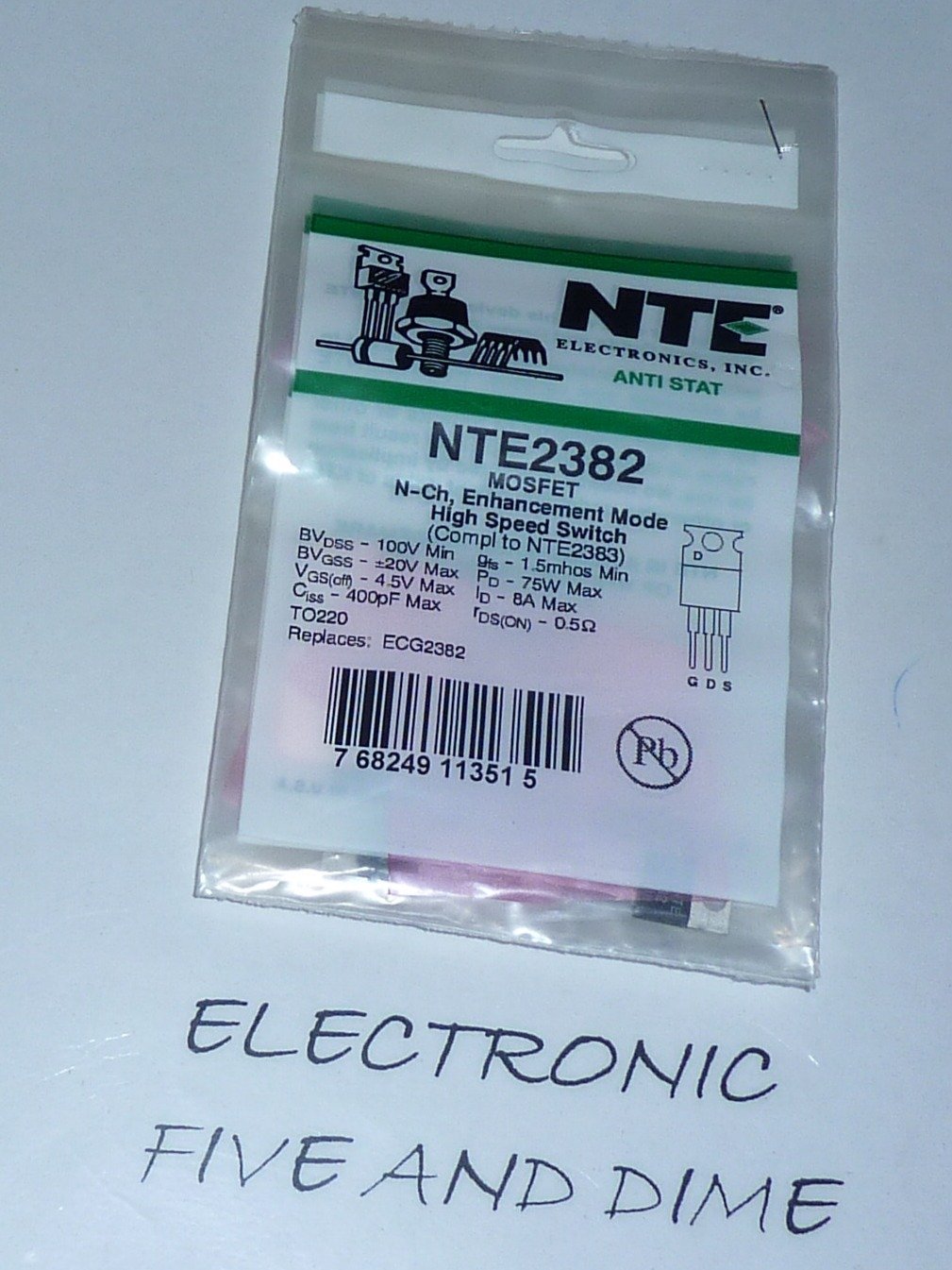 NTE Electronics NTE2382 N-Channel Power MOSFET Transistor, Enhancement Mode, High Speed Switch, TO220 Type Package, 100V, 8 Amp