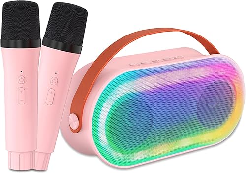 QREIHLPY - Máquina de karaoke para niños, altavoz Bluetooth portátil, con 2 micrófonos inalámbricos, 5 efectos de sonido, para fiestas y viajes,