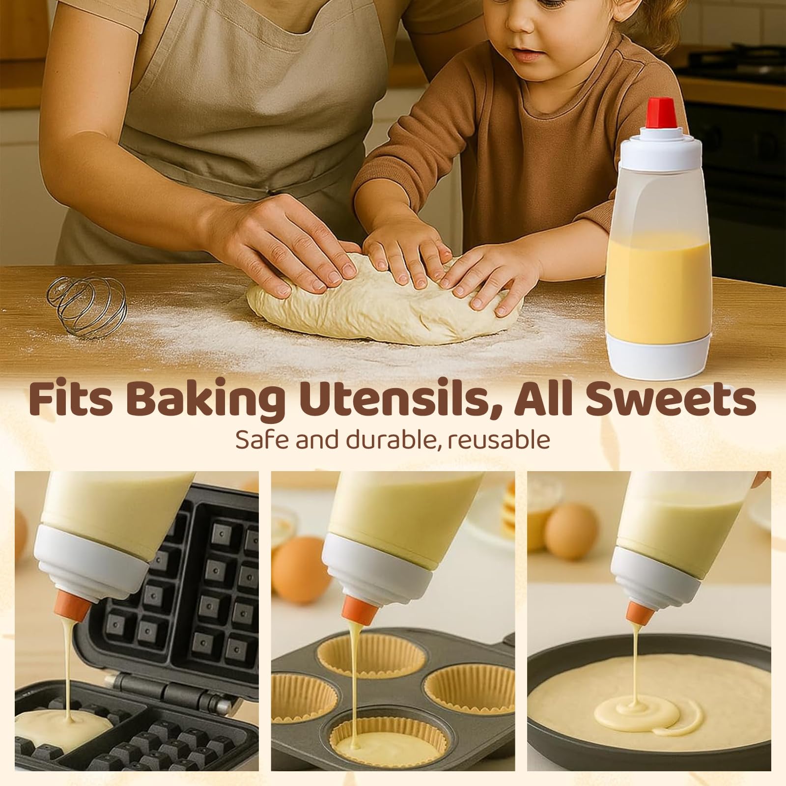 Teigspender, 2 Stück Quetschflasche für Pancakes & Muffins, Teigportionierer mit Deckel und Skala, Teigspritze für Waffeln, Crepes, Cupcakes, inkl. Silikonspatel