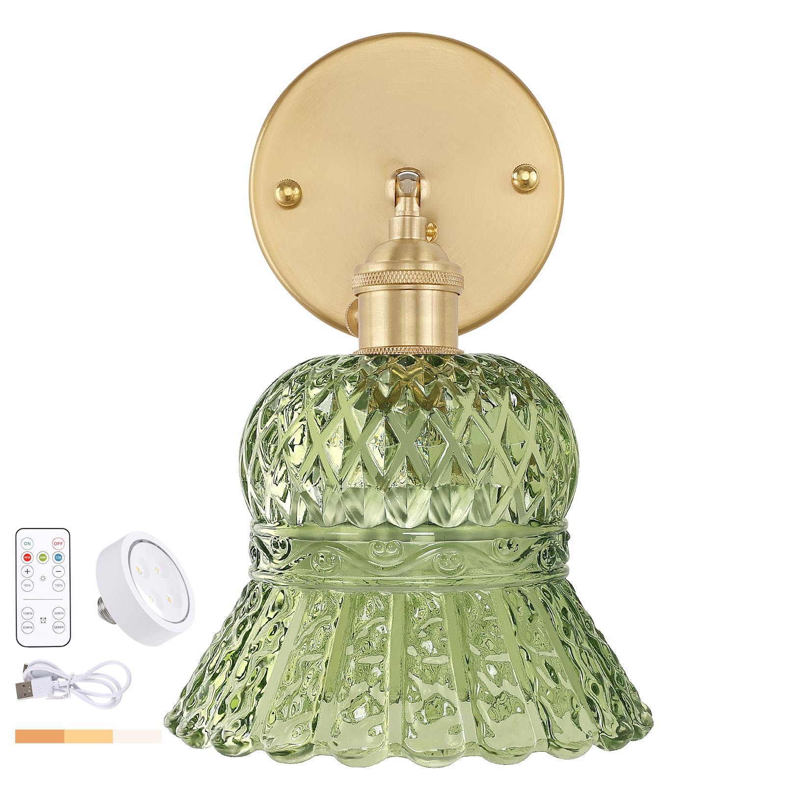 Shenmoyl Vintage Battery Operated Wall Sconce, Rechargeable Battery Powered Wall Sconces with Remote Control, Wireless Dimmable LED Light for Bedside Bathroom Living Room (Green Pineapple)