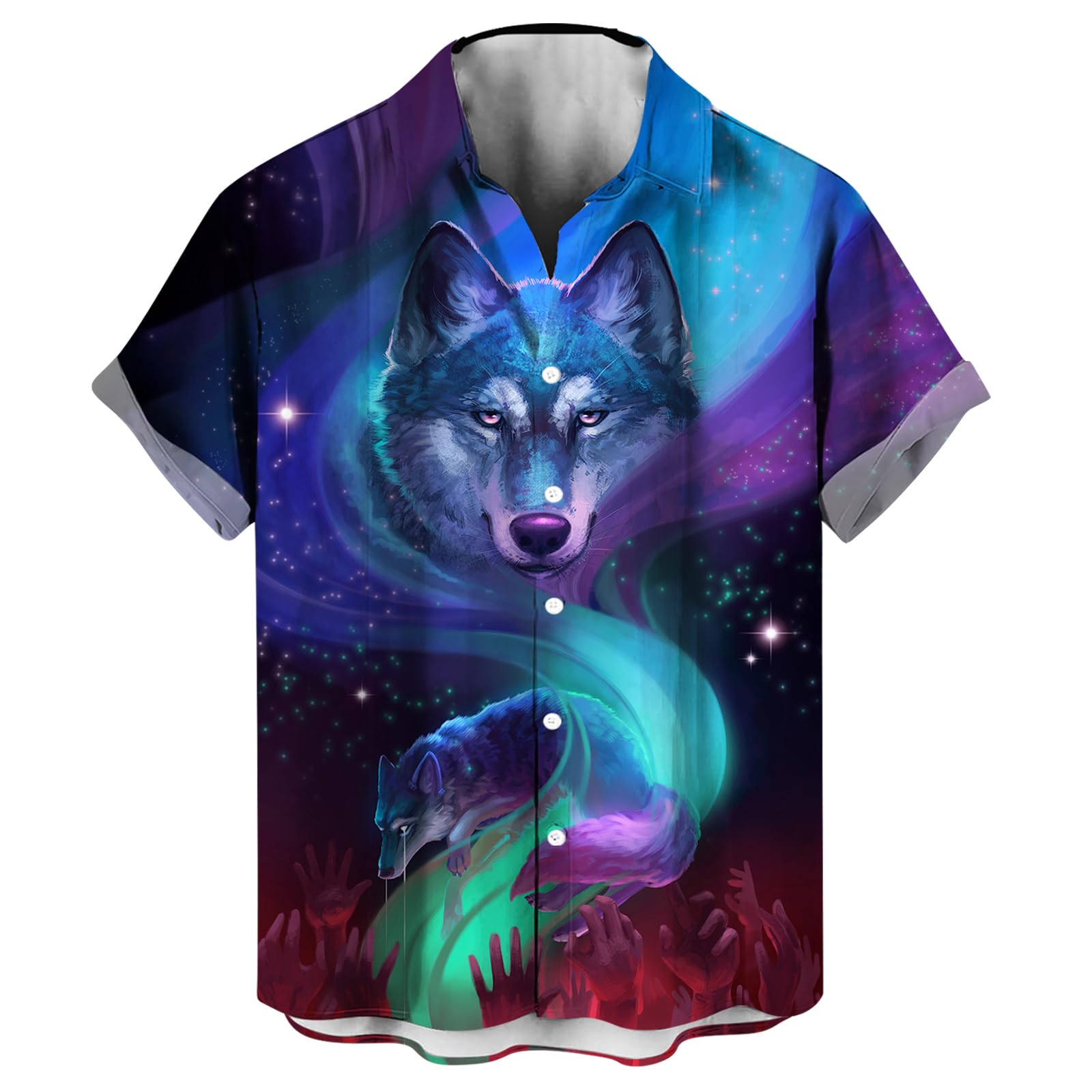Laoliusn Boys Purple Novelty Wolf Shirt Animal Graphic Short Sleeved Button Shirt, Large
