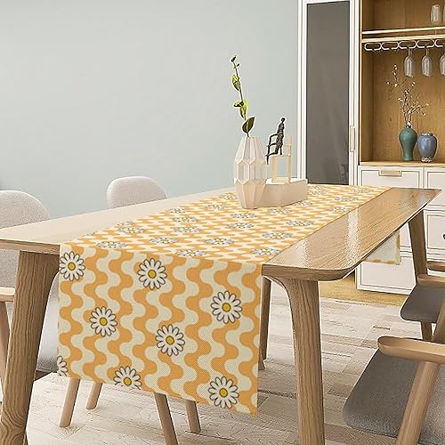 Miniatura 3 de Camino de mesa floral de margaritas, flores amarillas retro de los años 70, ondas abstractas, estilo hippie, moderno, camino de mesa para cocina,
