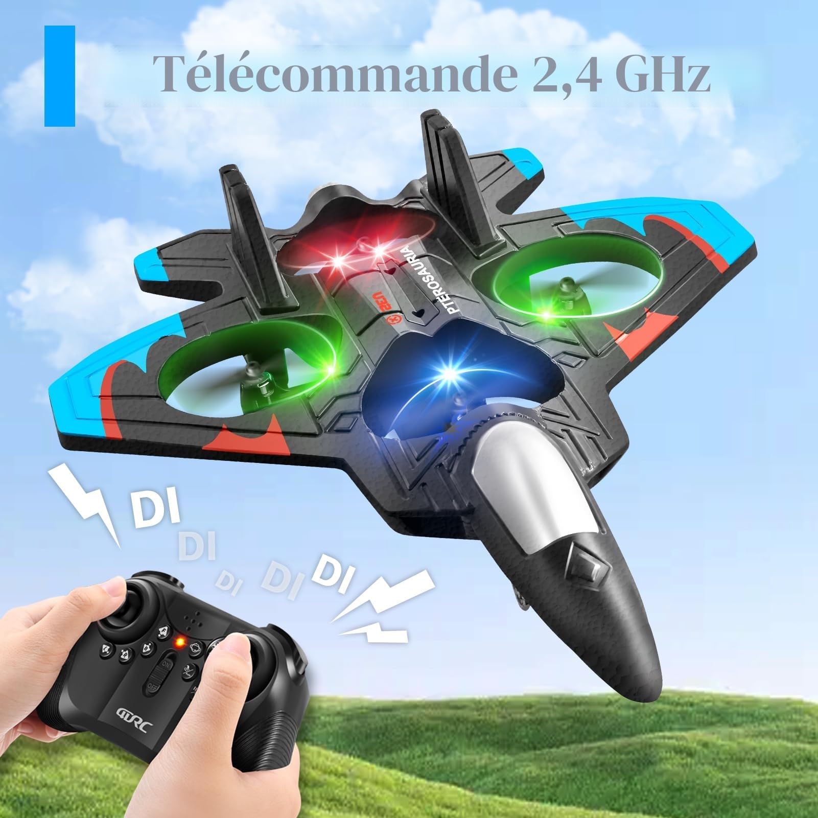 4DRC Avion V32 Télécommandé Jet avec Lumières Flip 360° Maintien de Hauteur Mode sans Tête Démarrage 1 Clic