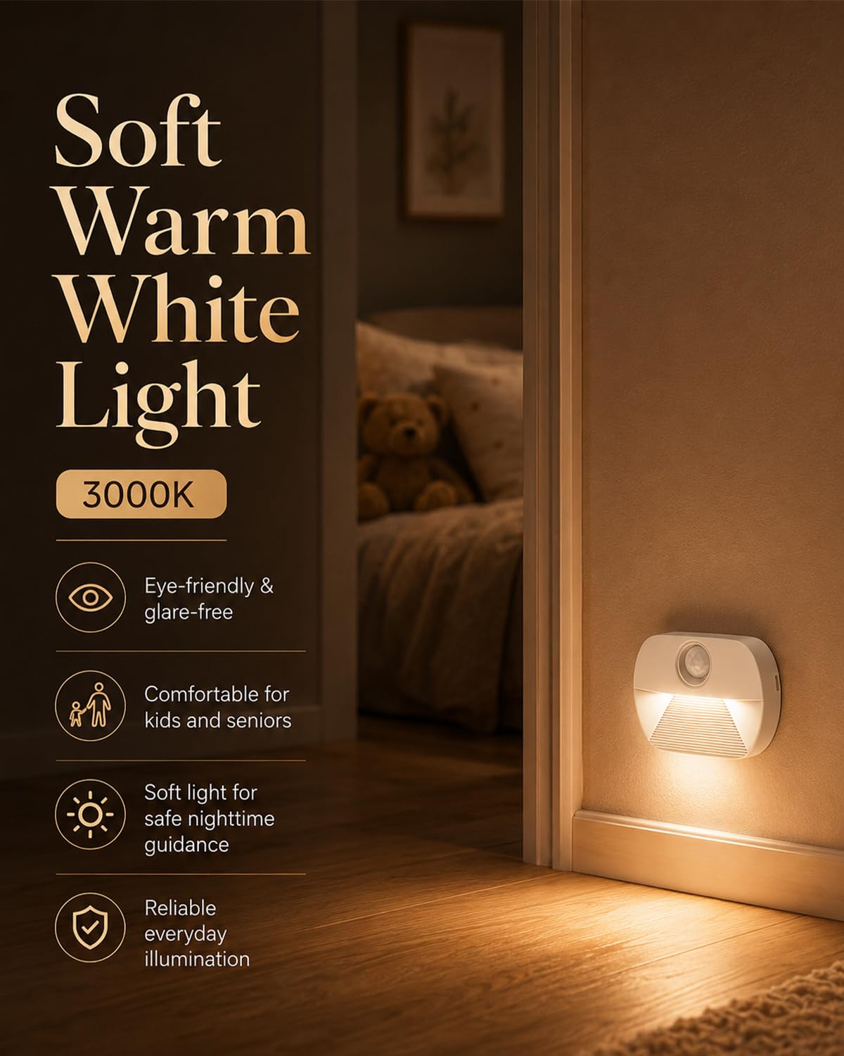 Luz nocturna LED con detector de movimiento, 4 unidades de luz de movimiento para niños, funciona con pilas, iluminación interior para escaleras, luz de sensor de encendido/apagado para pasillo