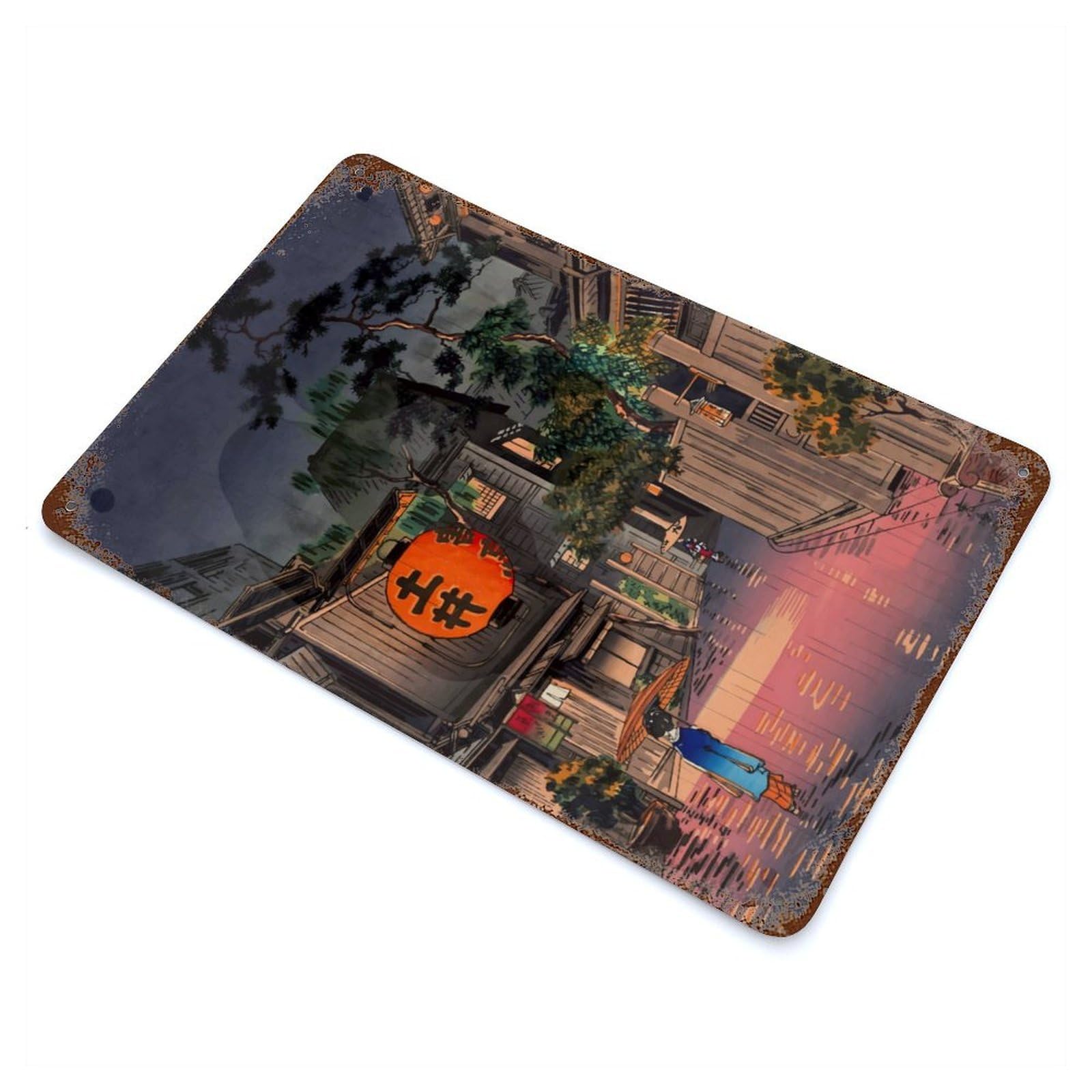 Garage Style Tokyo Rainy Street Rust Effect Tin Sign 11.8"x7.9", Vintage Wall Decor for Bar And Workshop