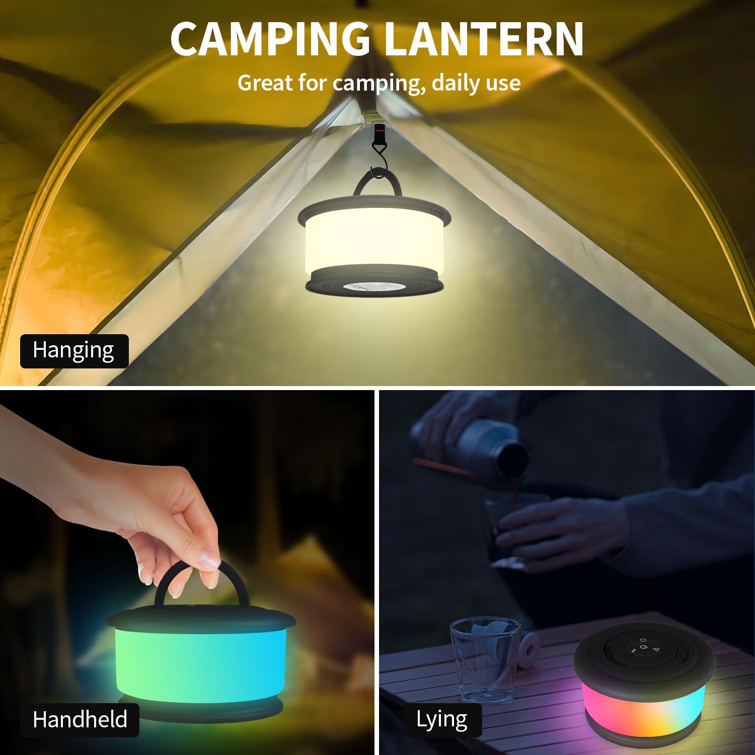 Lot de 2 guirlandes lumineuses de camping 2 en 1 rechargeables de 10 m avec 19 modes d'éclairage, rangement rapide, lampe LED portable pour chambre à coucher, cour, décoration de Noël (noir)