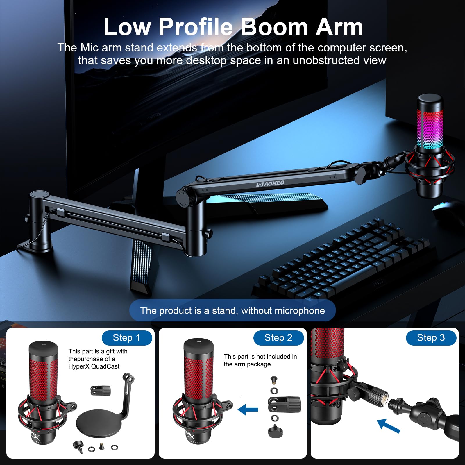 Aokeo AK-58 regulowane ramię mikrofonu do biura, pasuje do Blue Yeti, Snowball iCE, HyperX QuadCast, SoloCast, Elgato Wave itp