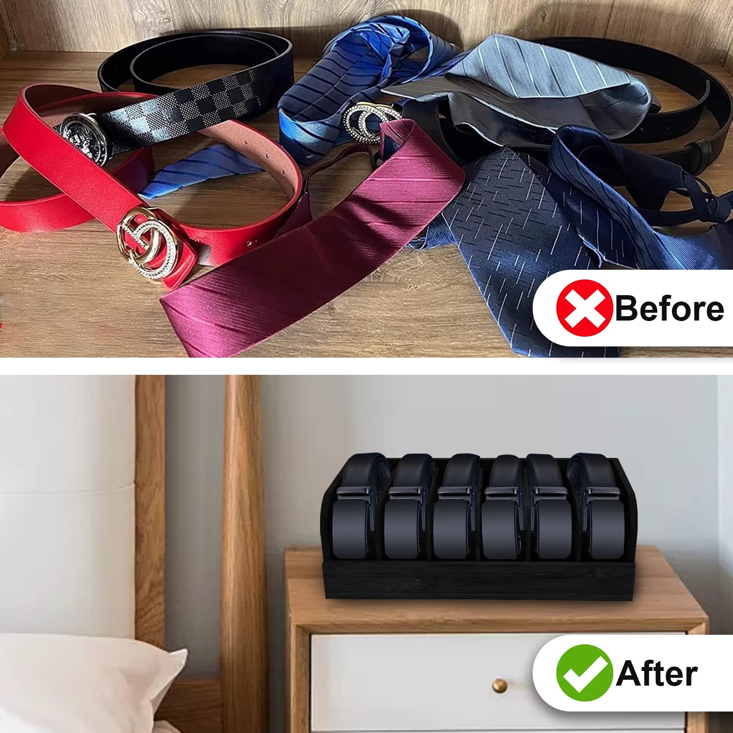 GTI Gürtel-Organizer, 6 Fächer, Gürtel-Organizer für Schrank und Schublade, Bambus-Vitrine für Krawatte und Gürtel, Gürtelaufbewahrung für Männer und Frauen (2, Schwarz)