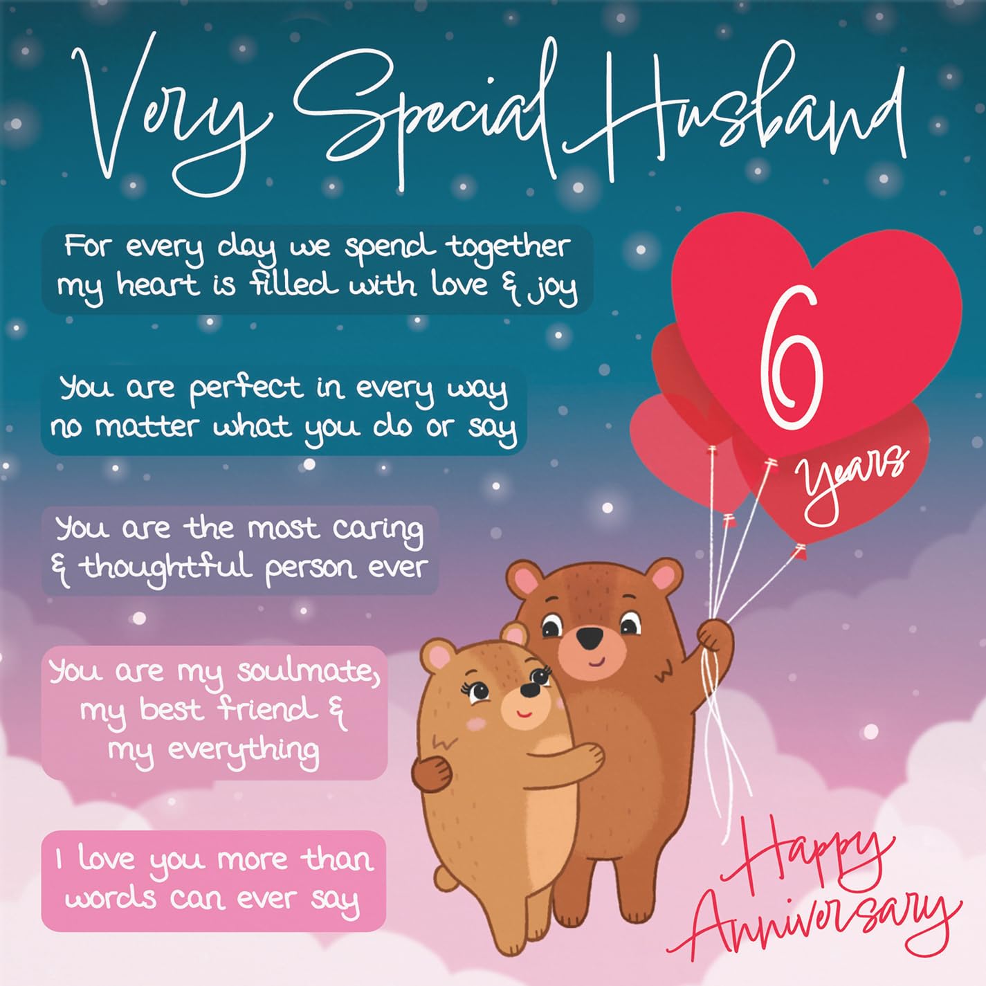 Hunts England - Husband 6th Anniversary Card - Starry Night - Cute Bears - Verse 6th Anniversary Card For Husband - Cute Poem Husband Anniversary Card - Romantic Happy 6th Anniversary Husband Card - Image 2