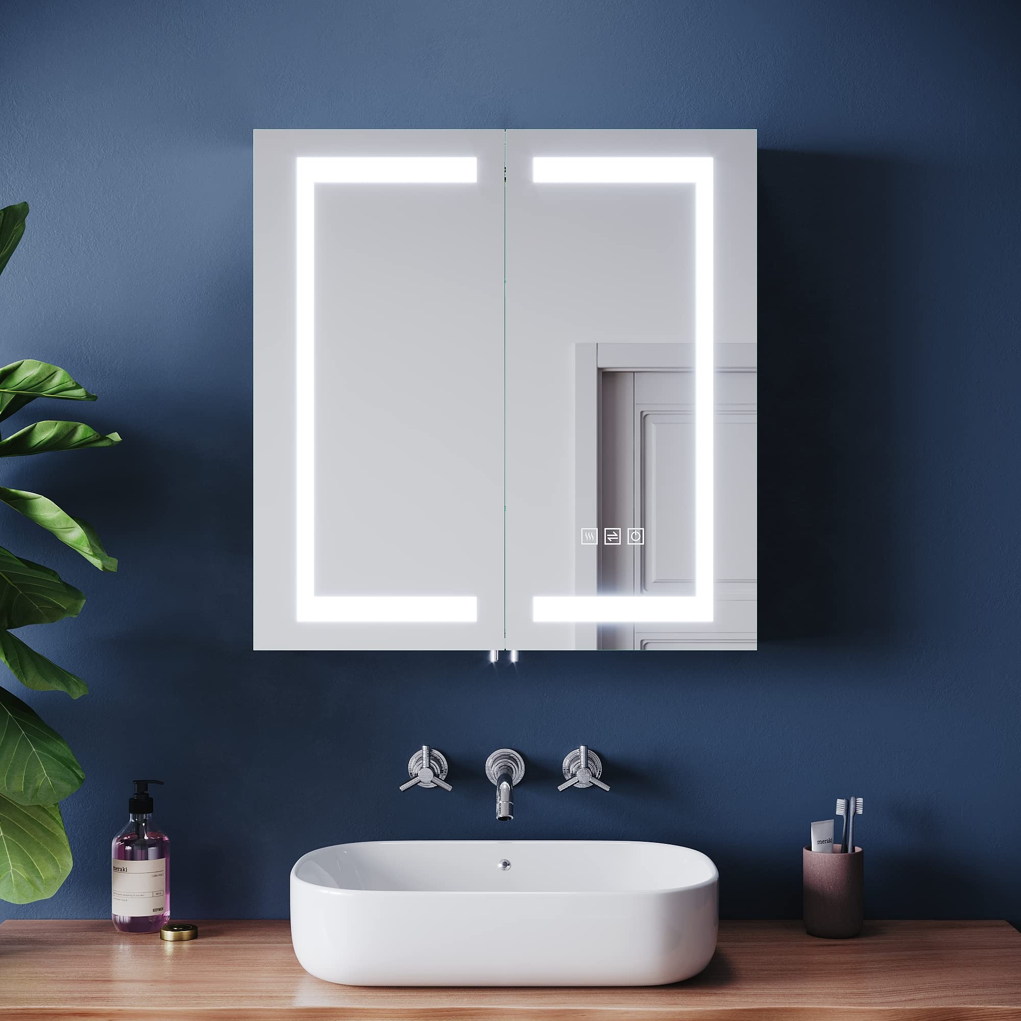 ELEGANT Bathroom Mirror Cabinets with Lights and Shaver Socket, Double Door Stainless Steel Bathroom Wall Cabinets with Three-color Infinitely Dimmable & Adjustable Shelves & Demister Pad 630 x 650mm