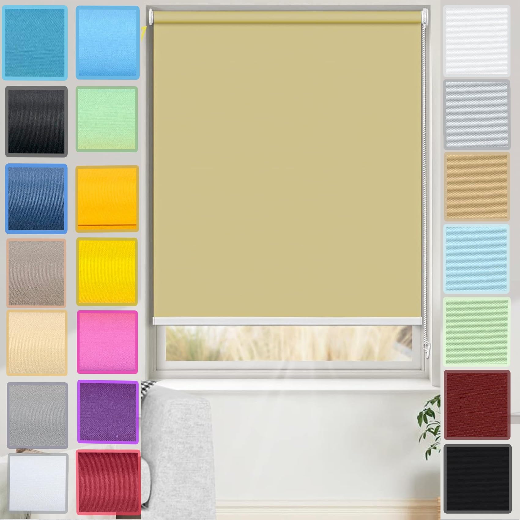 Thermal Blackout Blinds, 85 x 90 cm Multiple Colours and Sizes Roman Shade Blind Fittings Included For Inside and Outside Recess Fitting, Sand yellow