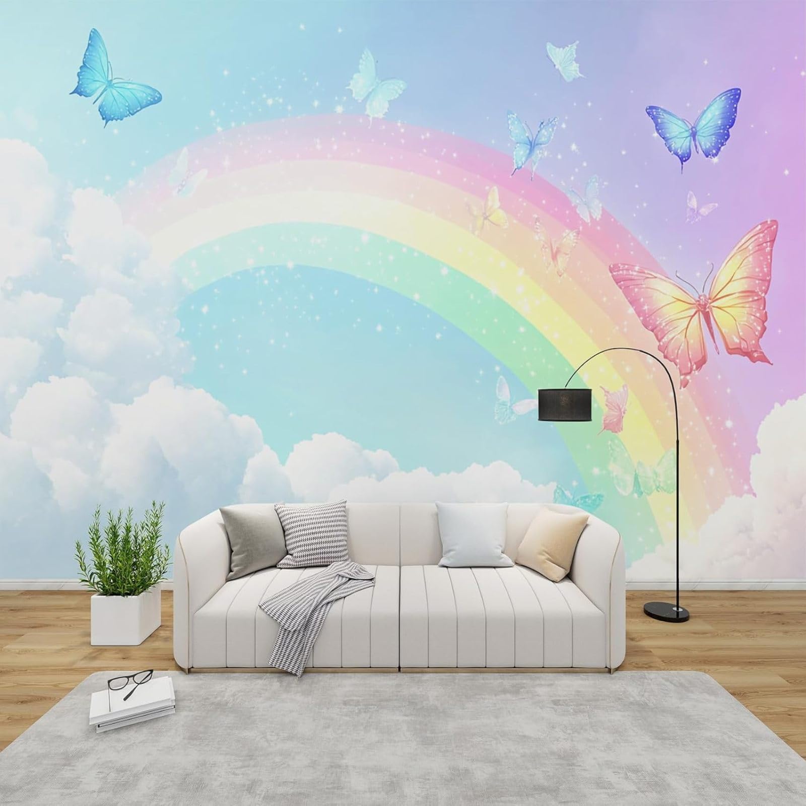 hgjdjhnf Rainbow Butterflies WallpaperClouds Girls Room Modern Wall Wallpaper Living Room Bedroom Children's Room Wall Decoration Motif Wallpaper,430cmx300cm