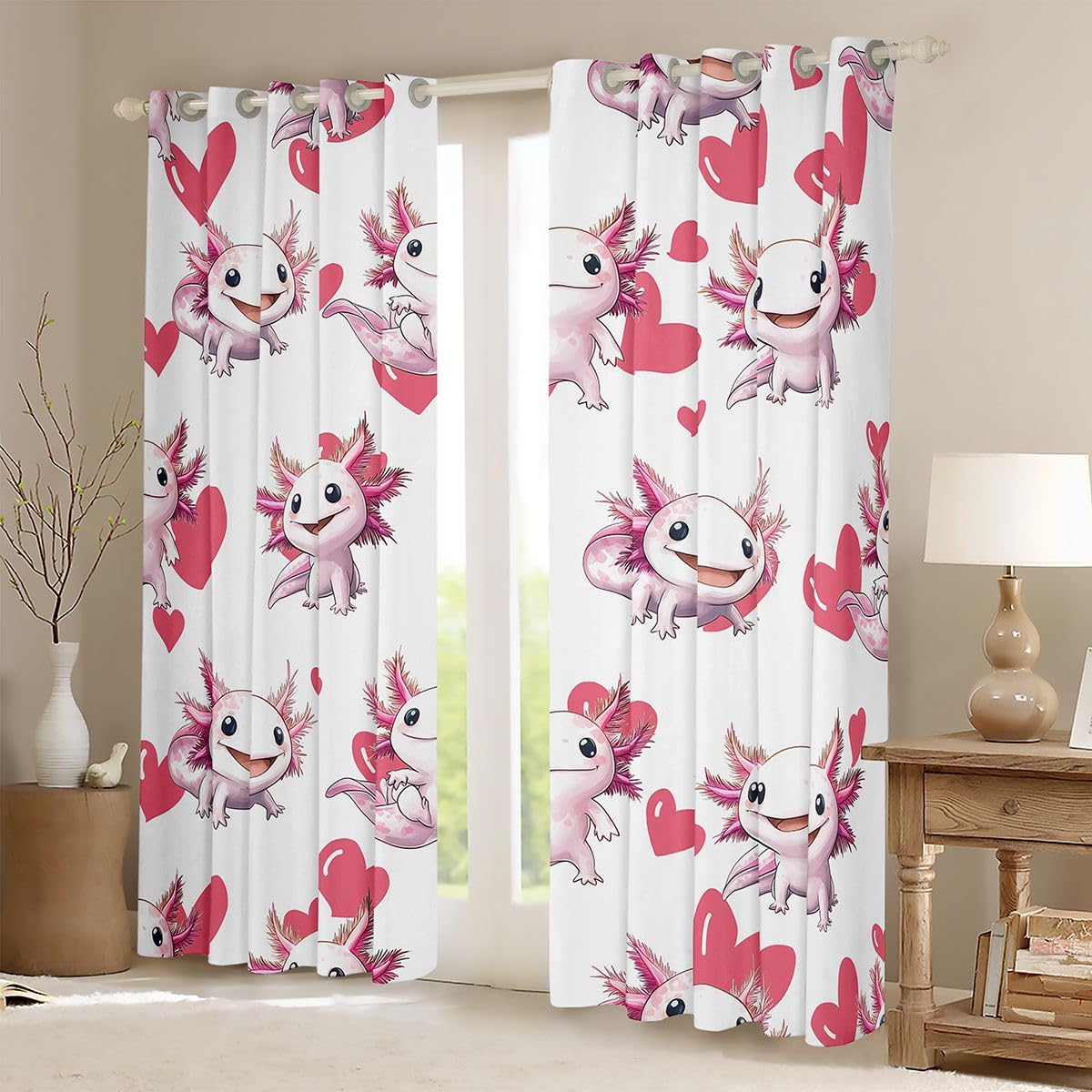 Homemissing Simpatiche tende Axolotl per camera da letto e soggiorno con stampa amante del cuore oscuranti, tende oscuranti con salamandra, stile kawaii, oceano marino, tendaggi per finestre, 2