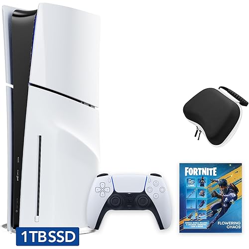 PlayStation 5 Slim Disc Edition Fortnite Flowering Chaos Bundle and Mytrix Controller Case - White, Slim PS5 1TB PCIe SSD Gaming Console