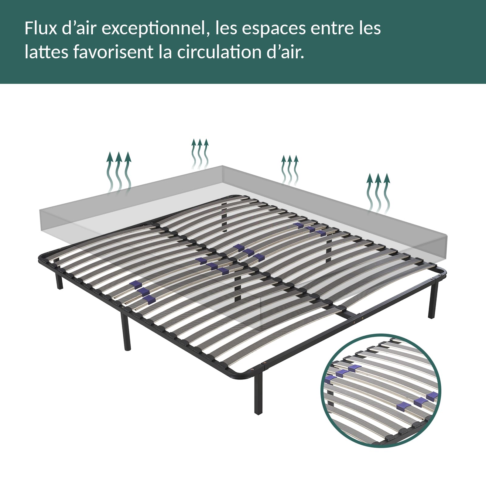 SAMPUR Confort LIT - Sommier 180x200 cm avec 7 Pieds | Lit avec Sommier à Lattes pour Adulte | 2x18 Lattes Dont 6 réglables | Résistant et Confortable | Montage Rapide et Facile