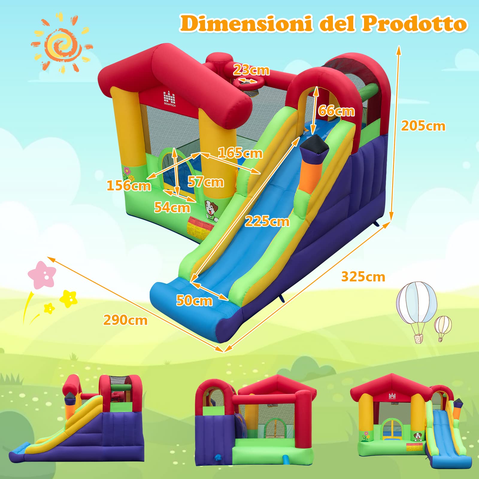 COSTWAY Castello Gonfiabile per Bambini, Casa Gonfiabile con Scivolo, Trampolino e Canestro da Basket, 50 Palline Colorate e Soffiatore, Con Borsa di Trasporto e Kit di Riparazione, 325 x 290 x 205 cm