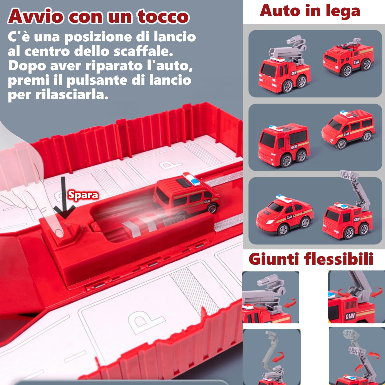 Camion Pompieri per Bambini, Veicoli da Cantiere, Veicolo Giocattolo da Trasporto con Musica e Luci, 6 Mini Camion Pompieri, Giocattolo Della Gru