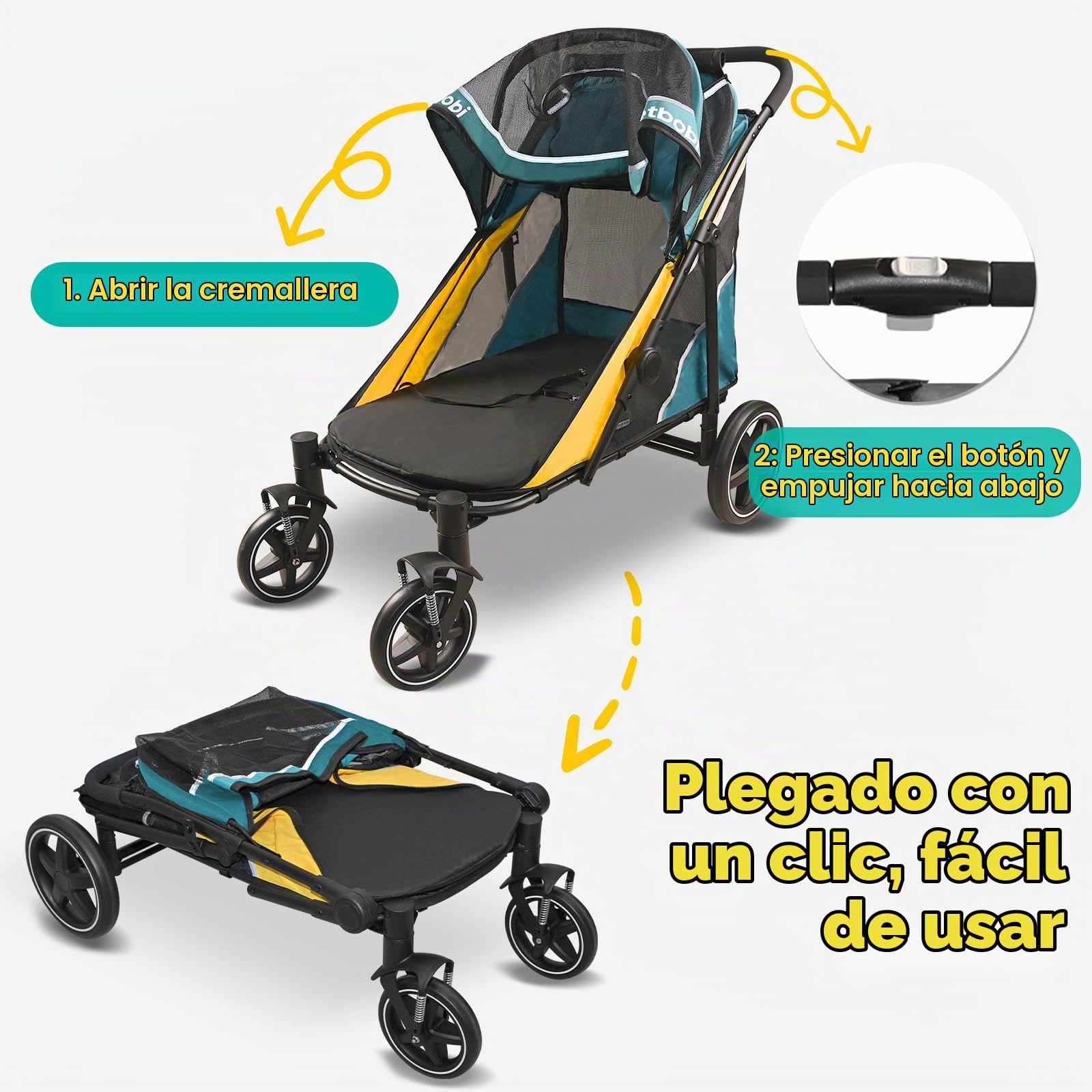 Petbobi Cochecito para perros de gran tamaño, carro para perros fácil de plegar con doble entrada, freno de un pie, malla grande transpirable y techo corredizo, cochecito todo terreno para perros