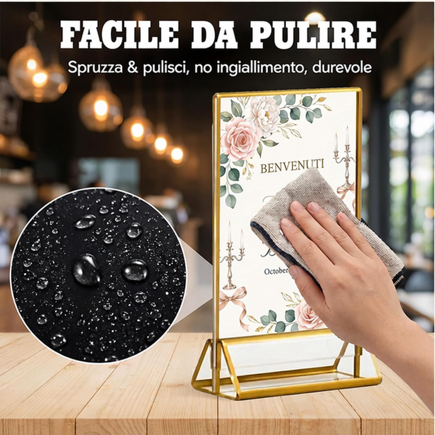 6 pezzi Espositore da tavolo A5 in acrilico con bordi dorati, espositore A5 a T, espositore verticale bifacciale per menu per matrimonio, ristorante e ufficio.