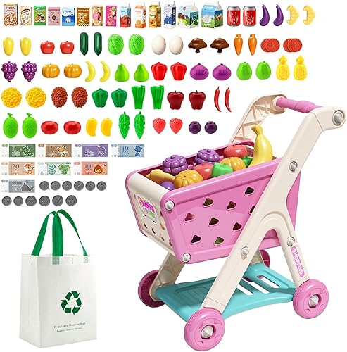Juego de carrito de compras para niños de 98 piezas con comida de simulación y accesorios, perfecto para juegos de simulación y juegos de rol (rojo