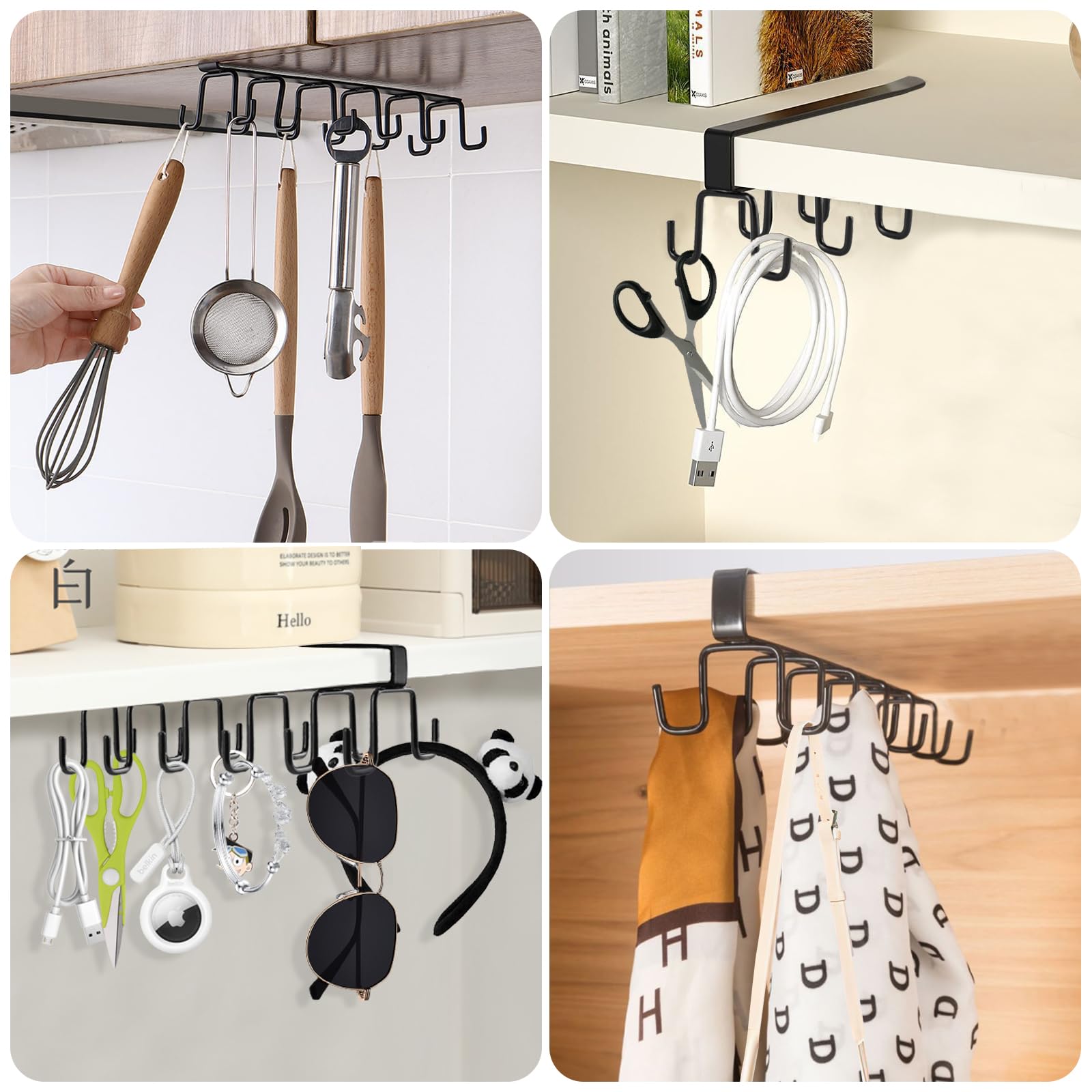 FL HUA 12 Ganci Per Tazze Sotto Mensola In Metallo Nero - Set Con 8 Ganci Singoli E 4 Doppi + 26 Viti, Calibro 29mm Per Appendere Tazze, Utensili, Cappotti E Cravatte In Cucina E Soggiorno - 3