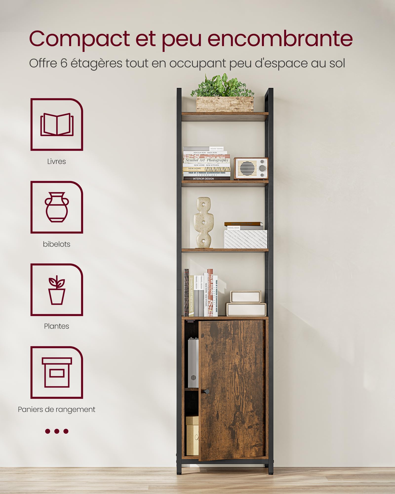 VASAGLE Bibliothèque Verticale à 6 Niveaux avec Porte, Structure en Métal, Étagères Réglables, 24 x 40 x 159,5 cm, pour Salon, Chambre, Marron Rustique et Noir d’Encre LLS132K01