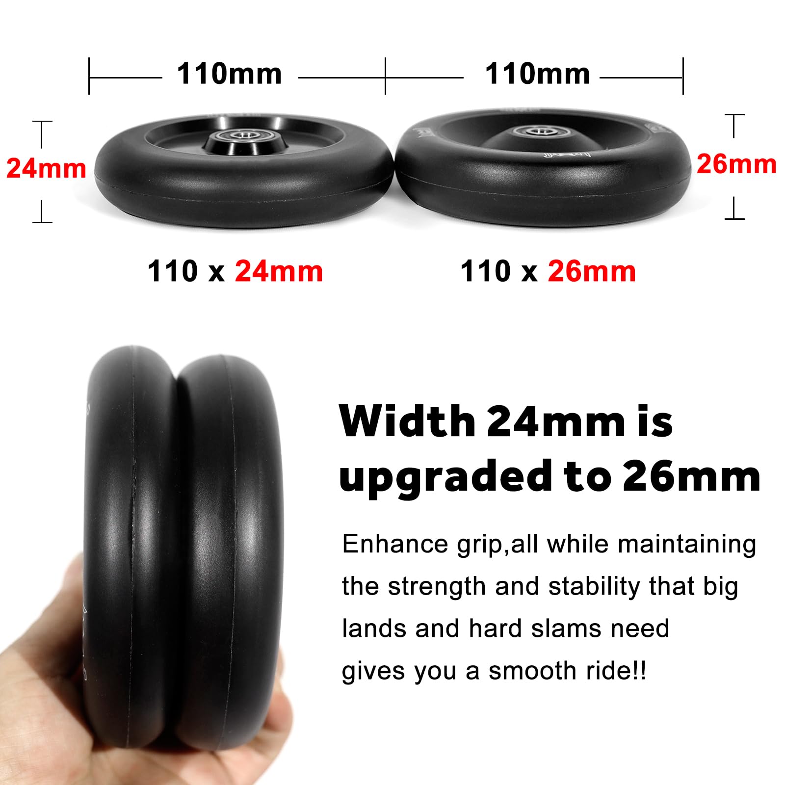 Limit Pro Scooter Wheels 110 x 26mm 2 Pcs Extra Width Transparent White PU High Resilience and Aluminum Metal Core ABEC-9 Bearings Installed for Pro BMX Trick scooters