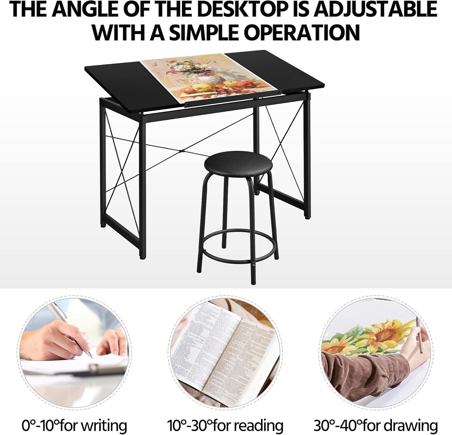 Diagram showing adjustable angles for writing, reading, and drawing on the drafting table.