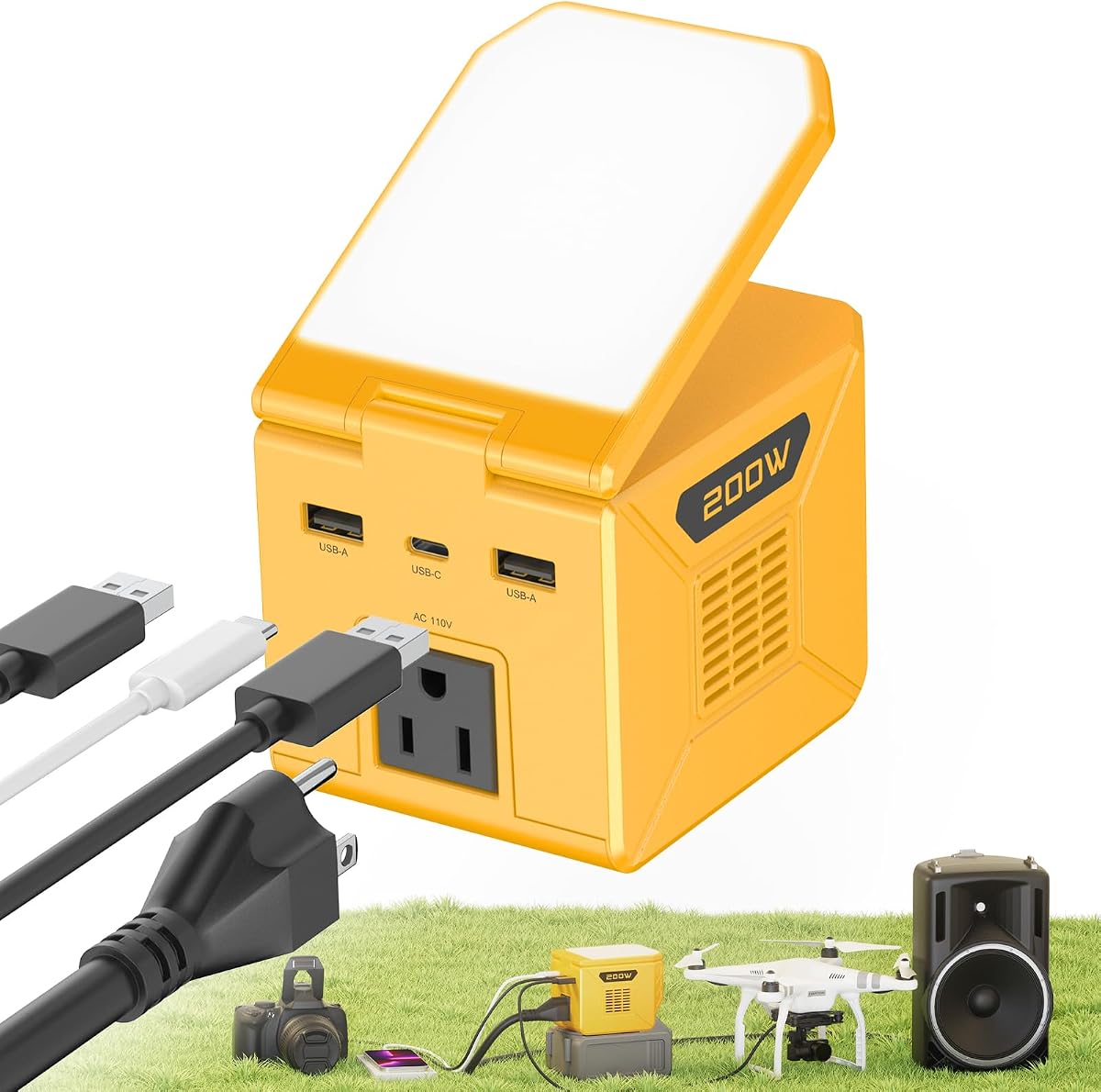 200W Power Inverter for DeWalt 20V MAX Battery,110V AC Outlet,USB-A & USB-C | Portable Backup Power, Dual USB Charging, Adjustable LED Work Light,Built-In Safety Protection, Ideal for Camping Emergencies
