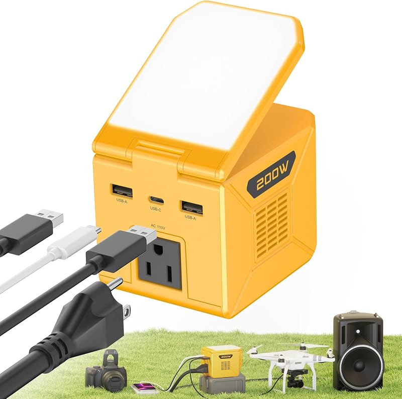 200W Power Inverter for DeWalt 20V MAX Battery,110V AC Outlet,USB-A & USB-C | Portable Backup Power, Dual USB Charging, Adjustable LED Work Light,Built-In Safety Protection, Ideal for Camping Emergencies