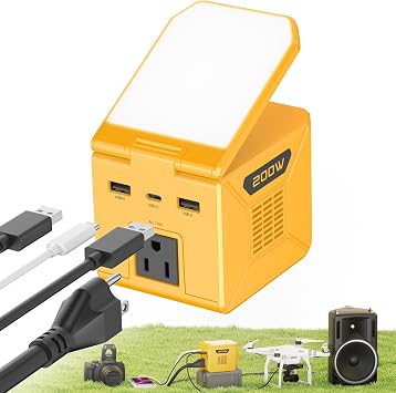 200W Power Inverter for DeWalt 20V MAX Battery, DC to 110V AC Converter with 2 USB, Type-C, AC Outlet & LED Work Light, Portable Power Station for Camping, Emergencies & Jobsite, Tool Only