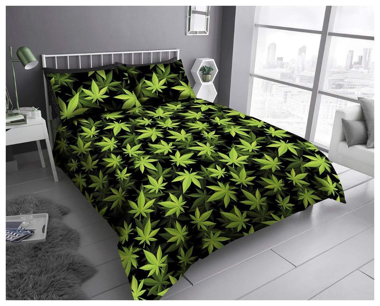 Goldstar® Leaf Black Green Double Duvet Quilt Cover With Pillowcase Cannabis Leaves Polycotton Bedding Set