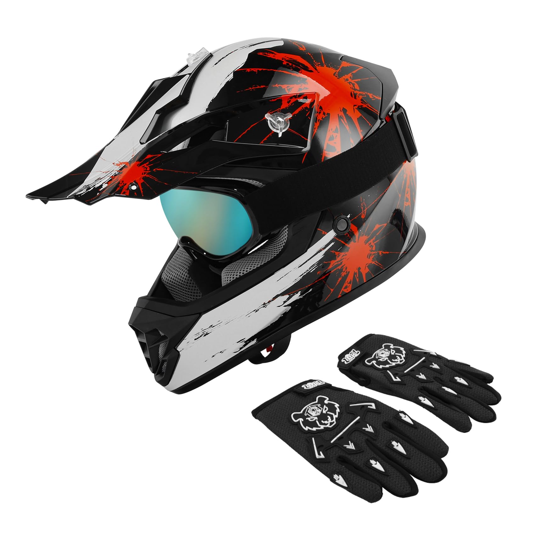 XFMT DOT Youth Kids Motocross Offroad Street Dirt Bike Helmet Goggles Gloves ATV Mx Helmet, Black Red Firework