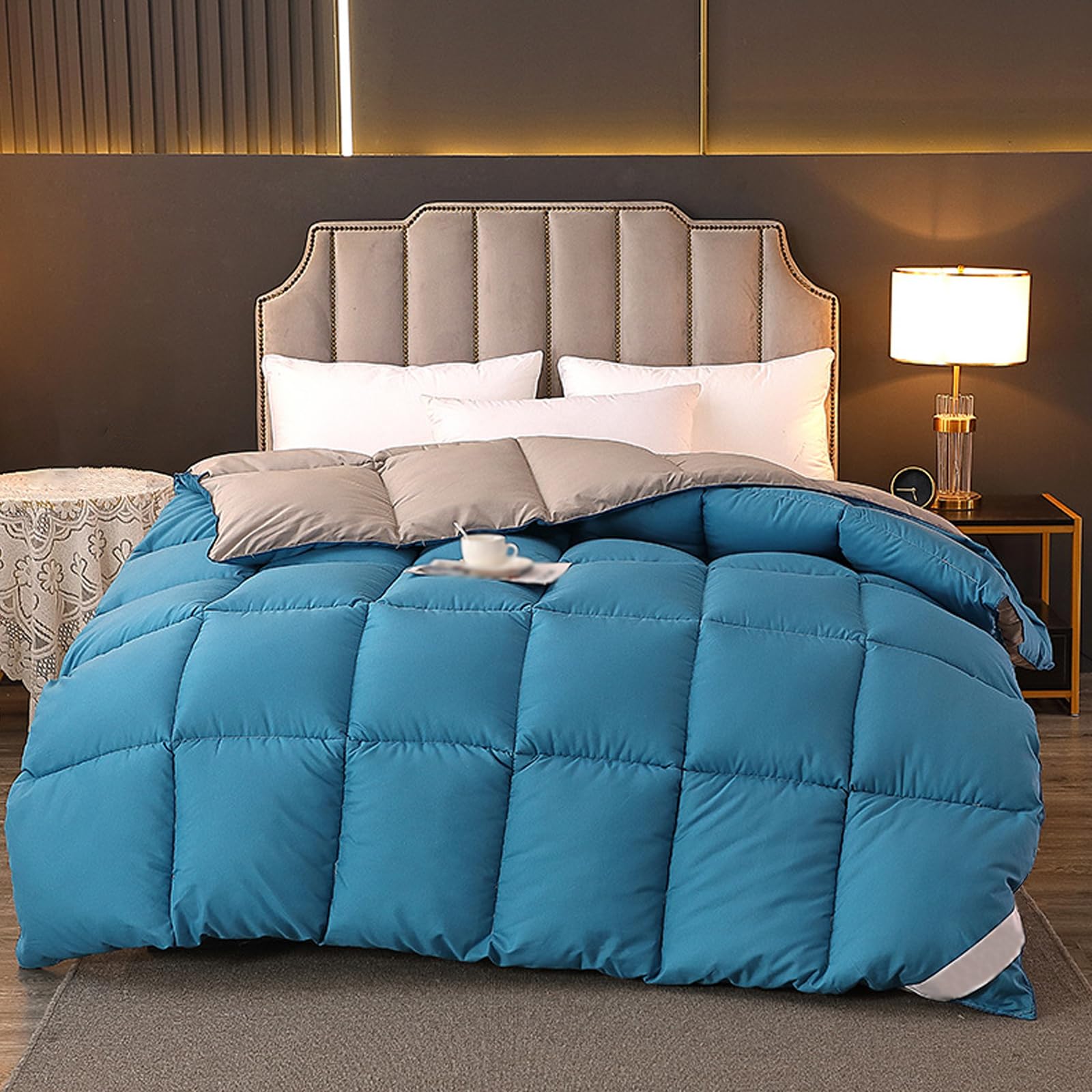 Piumino in Piuma d'oca per Tutte le Stagioni, Piumino Letto Matrimoniale, Piumone Invernale Leggero e Calda, Trapunta in Piuma d'oca (Blue 220x240cm 2kg)