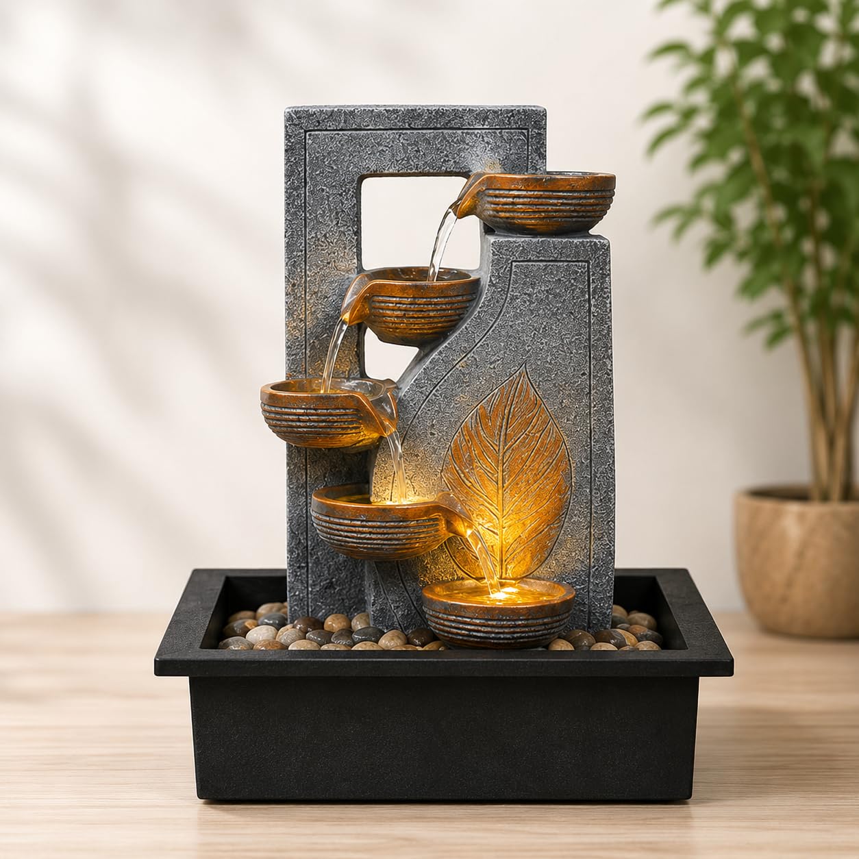 4-Tier Indoor Tabletop Water Fountain with LED Light | Home Decor, Meditation Use, Pooja Room Decor, 4-Tier Bowl Design, Pebble Base-image-23