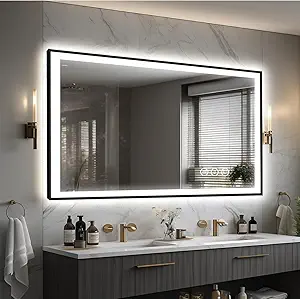 48x30 Lighted Mirrors for Bathroom Wall, Modern Rectangle Matte Black Mirror, Tempered Glass,Double Lights, 3 Colors Dimmable Temperature, IP54 Enhanced Anti-Fog, Memory (Horizontal/Vertical)