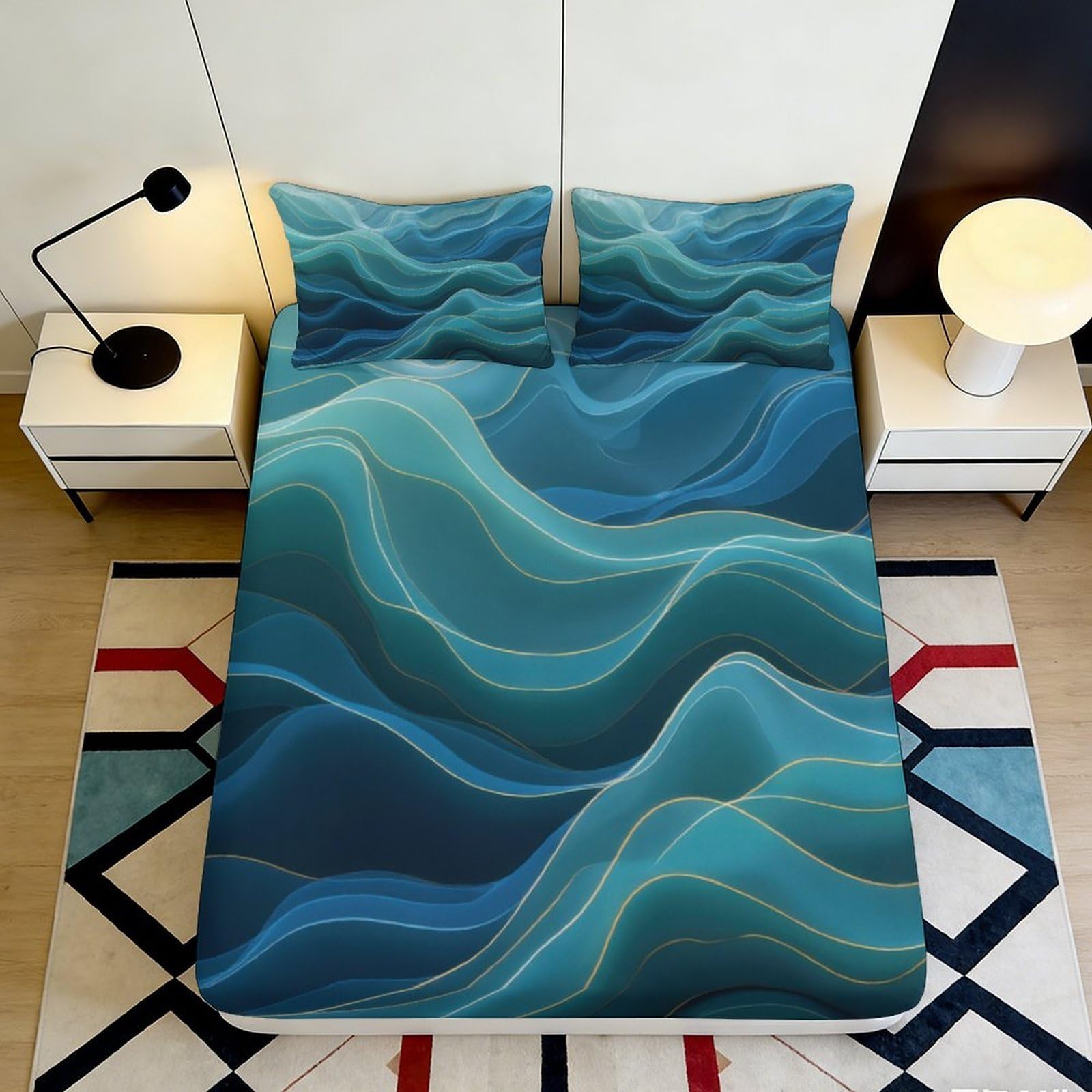 Jqzkxnhpbr Style-6 3D Printed Ocean Wave Fitted Sheet Microfiber Blue Gradient Mattress Cover For Bedroom Guest Room Decor Easy Care 90X200x25cm